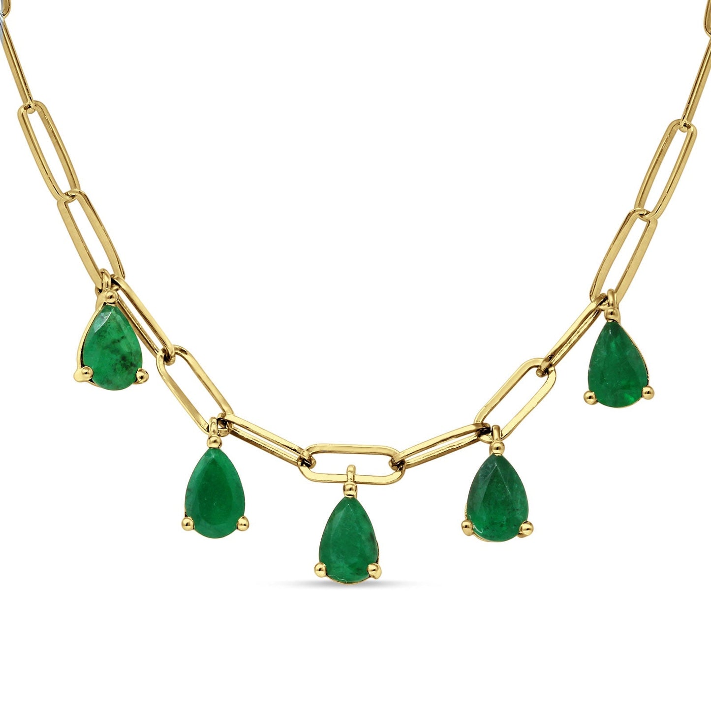 14K Yellow Gold 1.65ct Green Emerald Five Pear Pendant Paperclip Chain Necklace 16 Inch Long