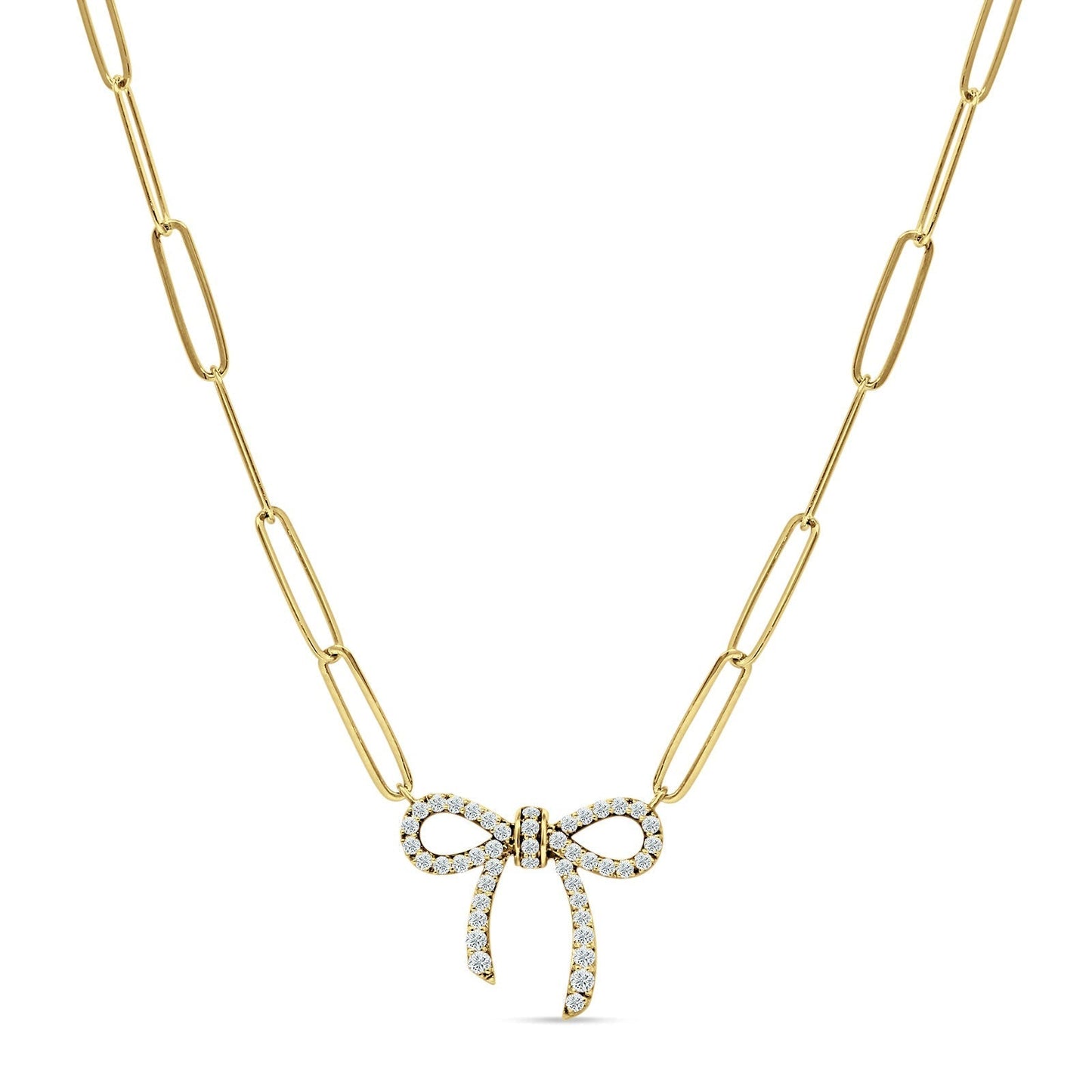 14K Yellow Gold 0.25ct Ribbon Bow Natural Diamond Paperclip Chain Necklace 18 Inch Long