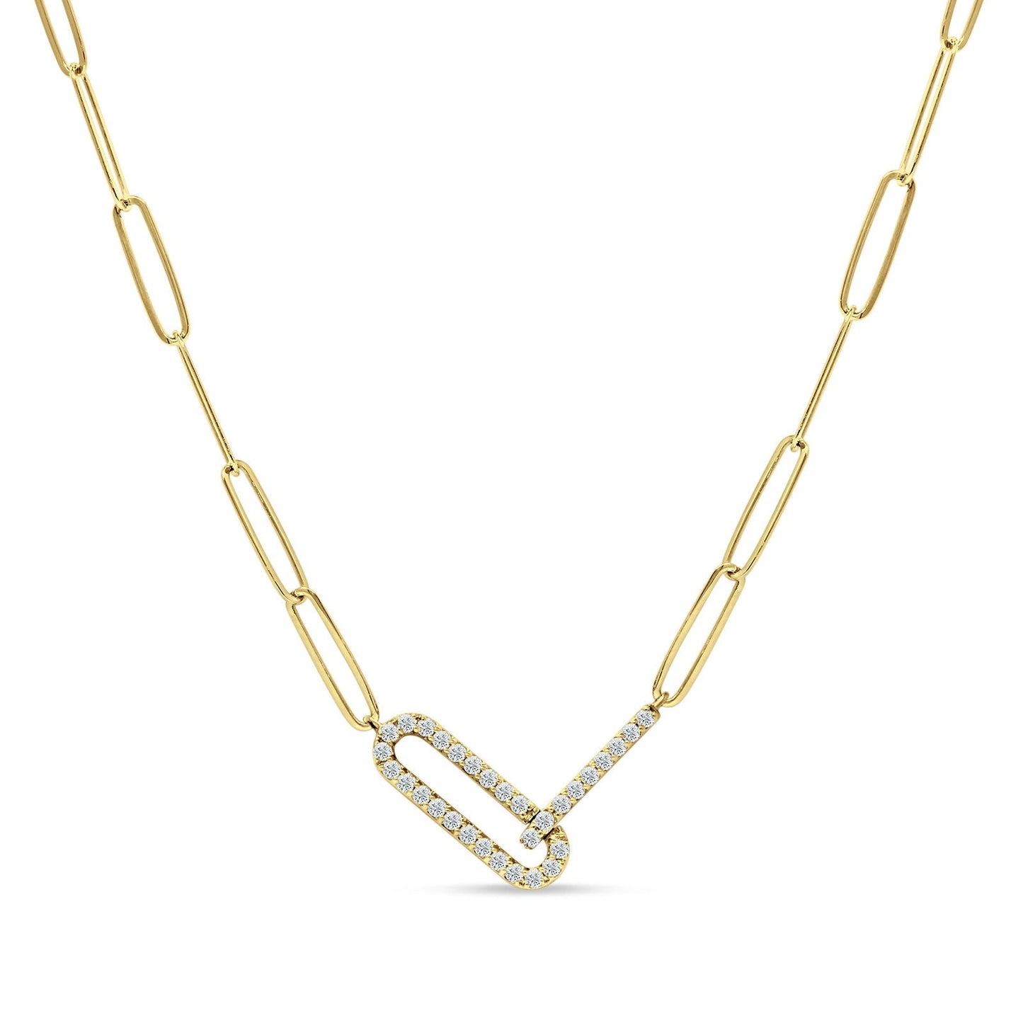 14K Yellow Gold 0.22ct  Interlocking Paperclip Chain Pendant Natural Diamond Necklace 18" Long