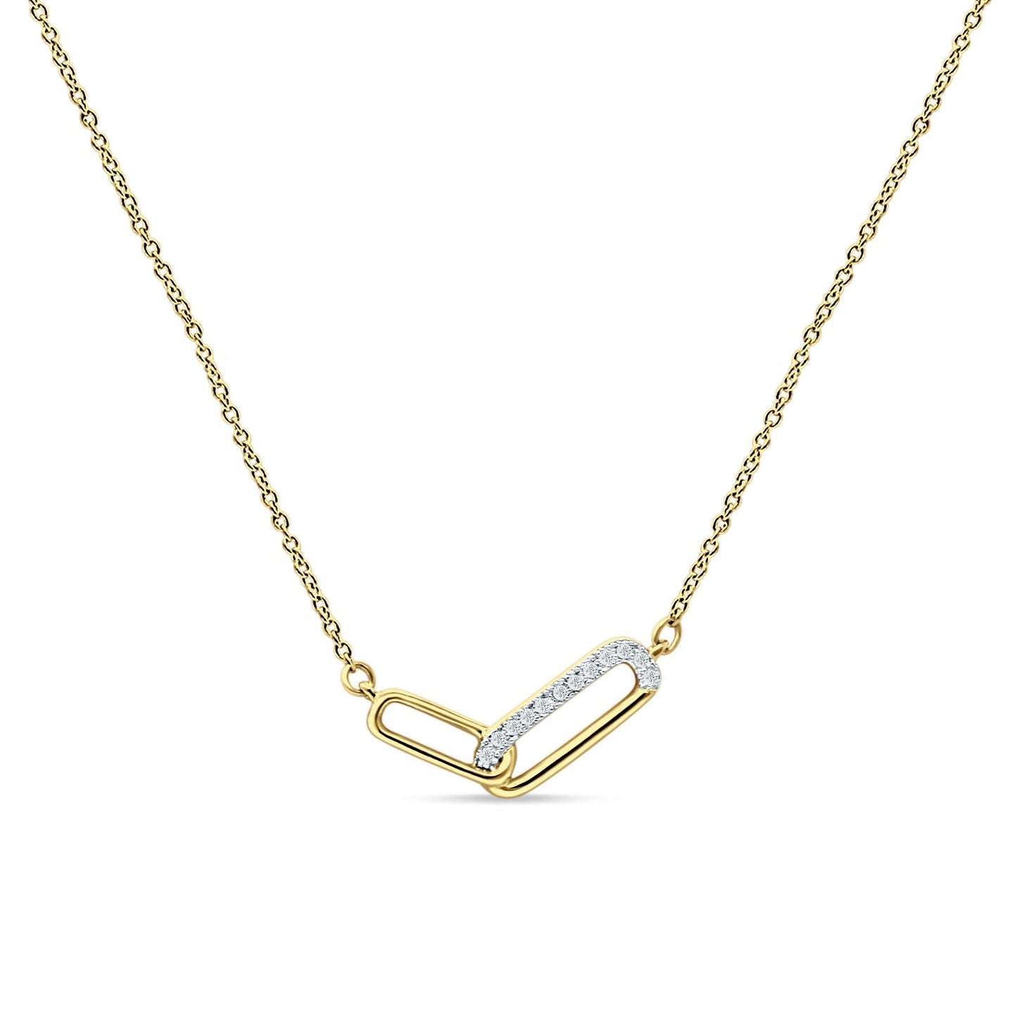 14K Yellow Gold 0.03ct Interlocking Oval Paperclip Charm Necklace Natural Diamond Pendant 18" Long