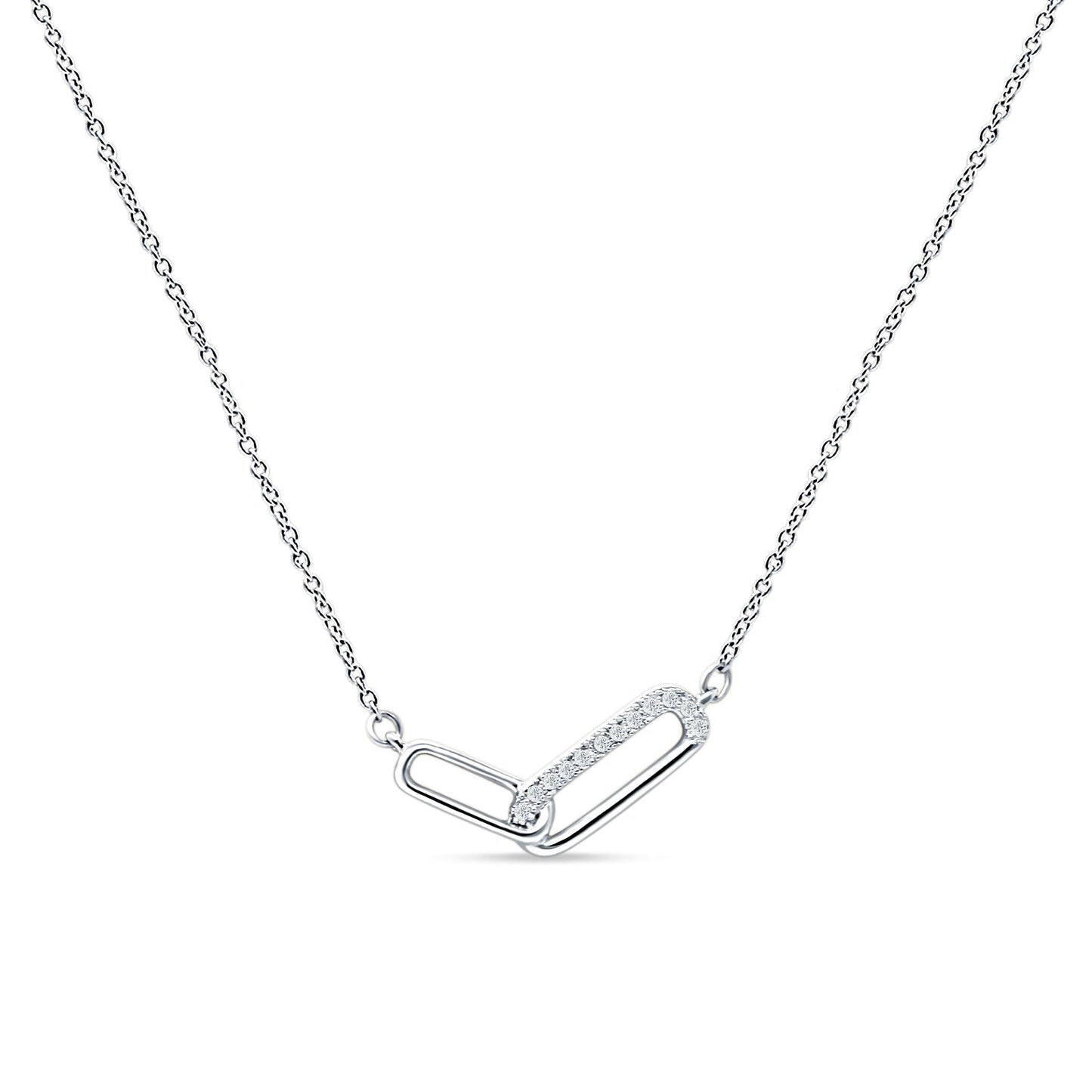 14K White Gold 0.03ct Interlocking Oval Paperclip Charm Necklace Natural Diamond Pendant 18" Long