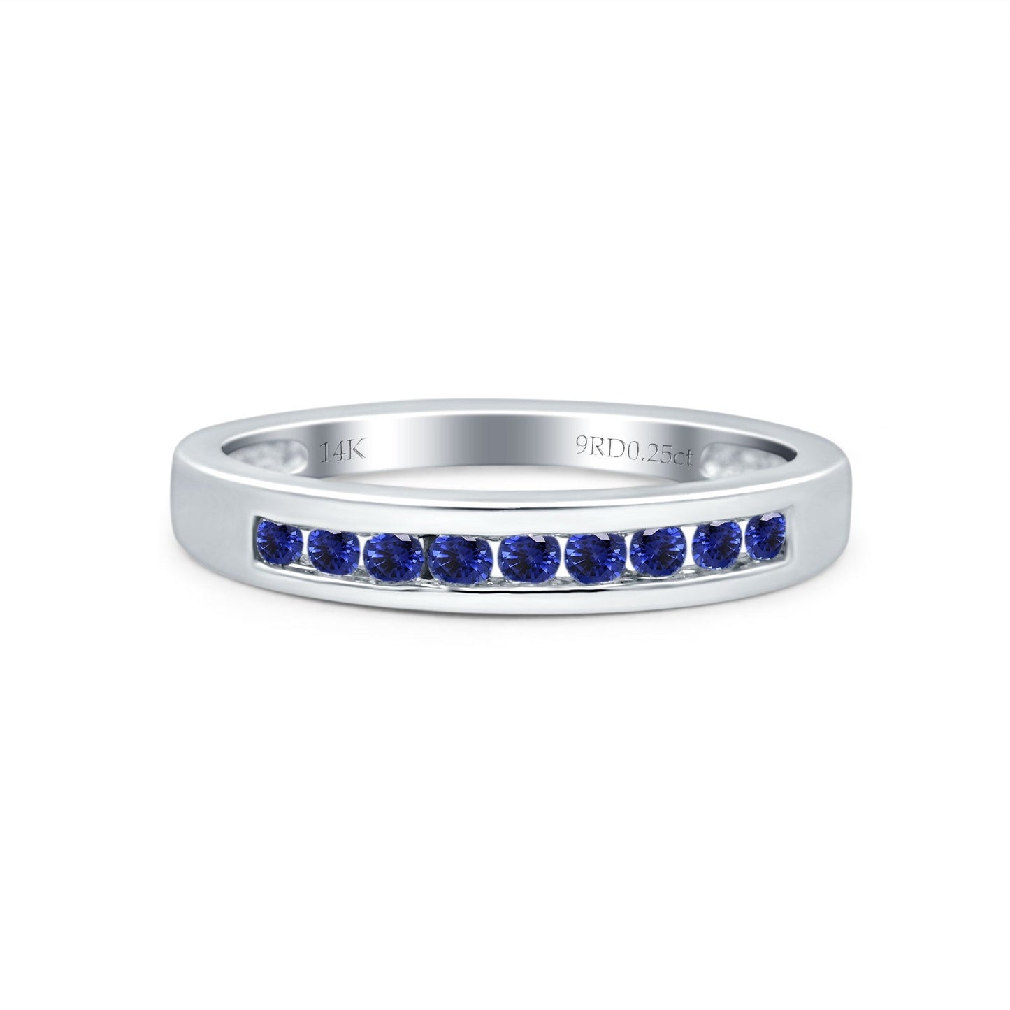 14K White Gold 0.25ct Round 3mm Art Deco G SI Half Eternity Blue Sapphire Band Diamond Engagement Wedding Ring Size 6.5