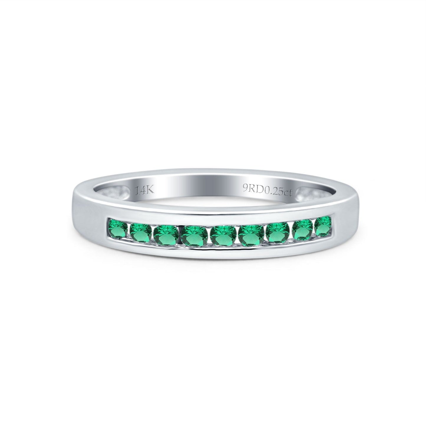 14K White Gold 0.25ct Round 3mm Art Deco G SI Half Eternity Green Emerald Band Diamond Engagement Wedding Ring Size 6.5