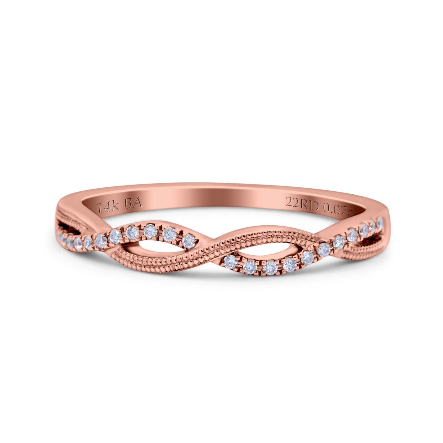 14K Rose Gold 0.07ct Round 3mm Twisted Infinity F SI1 Half Eternity Band Diamond Engagement Wedding Ring Size 6.5