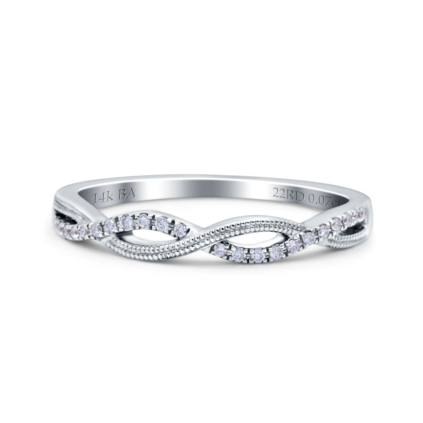 14K White Gold 0.07ct Round 3mm Twisted Infinity F SI1 Half Eternity Band Diamond Engagement Wedding Ring Size 6.5