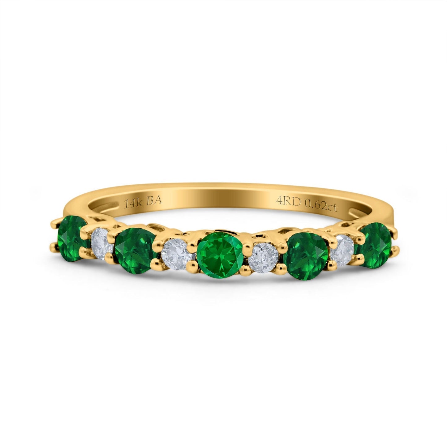 14K Yellow Gold 0.62ct Round 2.5mm Band G SI Half Eternity Emerald & Diamond Engagement Wedding Ring Size 6.5