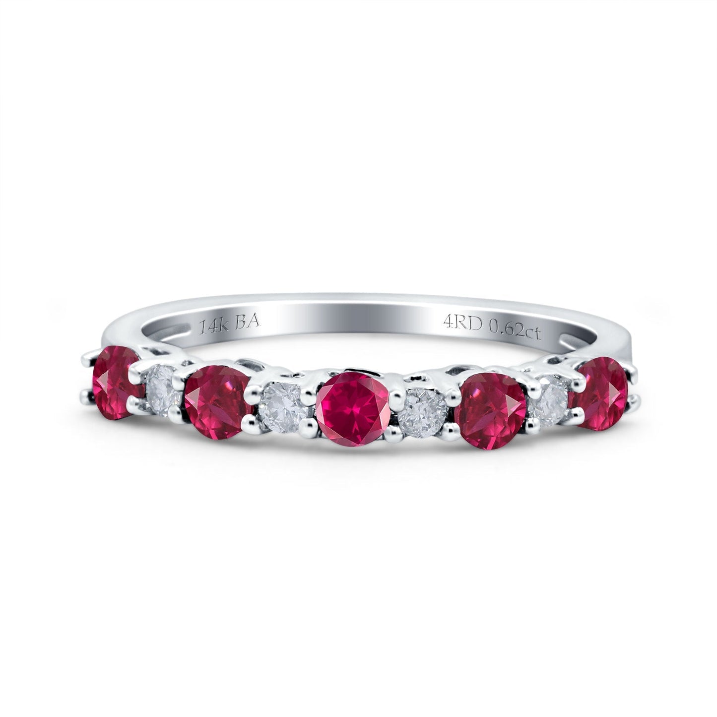 14K White Gold 0.62ct Round 2.5mm Band G SI Half Eternity Ruby & Diamond Engagement Wedding Ring Size 6.5