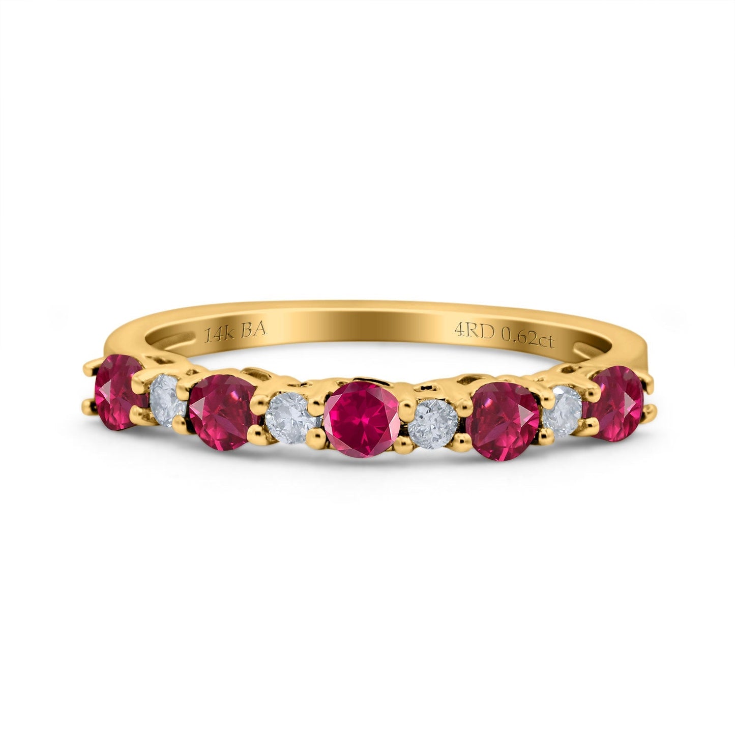 14K Yellow Gold 0.62ct Round 2.5mm Band G SI Half Eternity Ruby & Diamond Engagement Wedding Ring Size 6.5