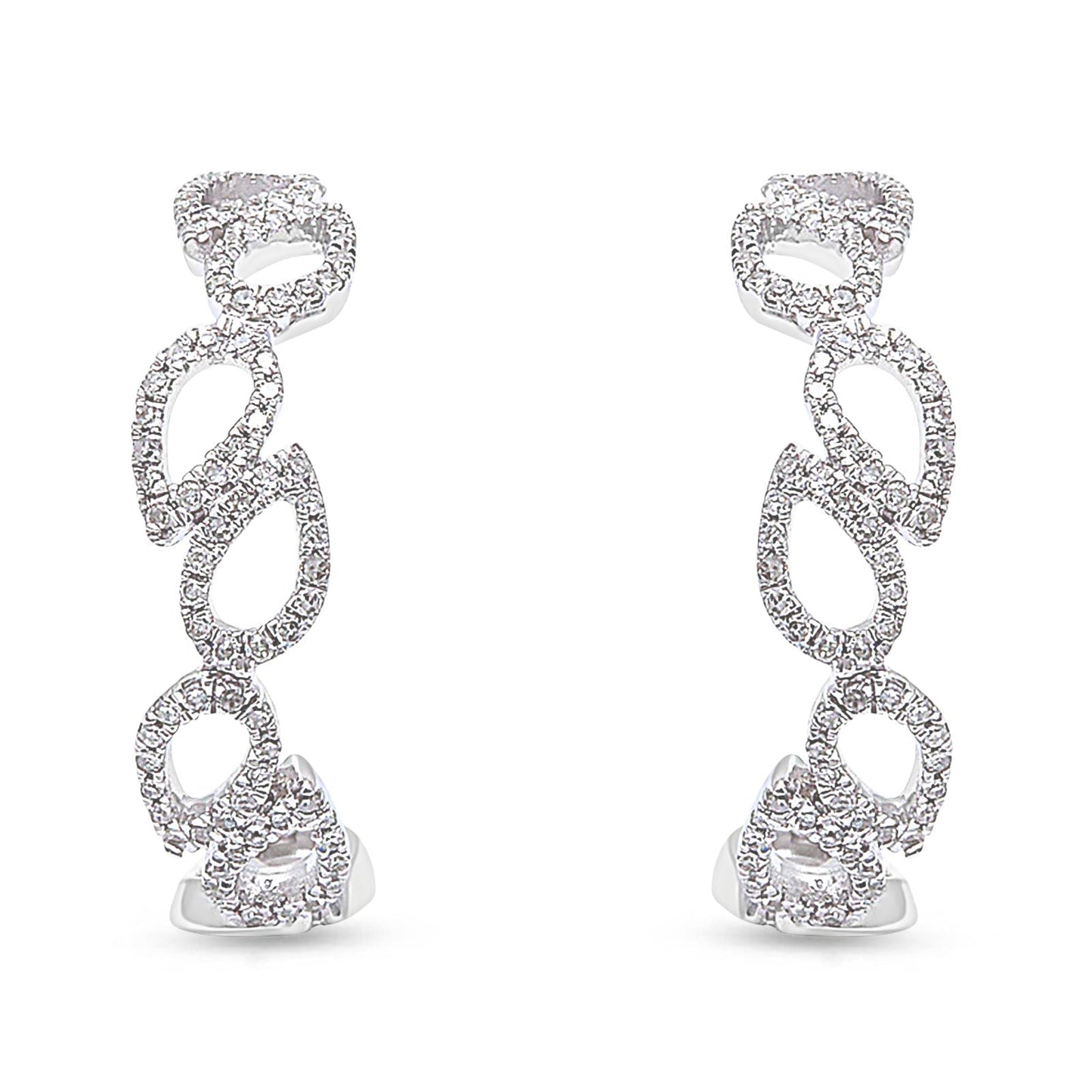 Solid 14K White Gold 25mm Half Hoop Huggie Stud Style Teardrop Pear Round Diamond Earrings Wholesale