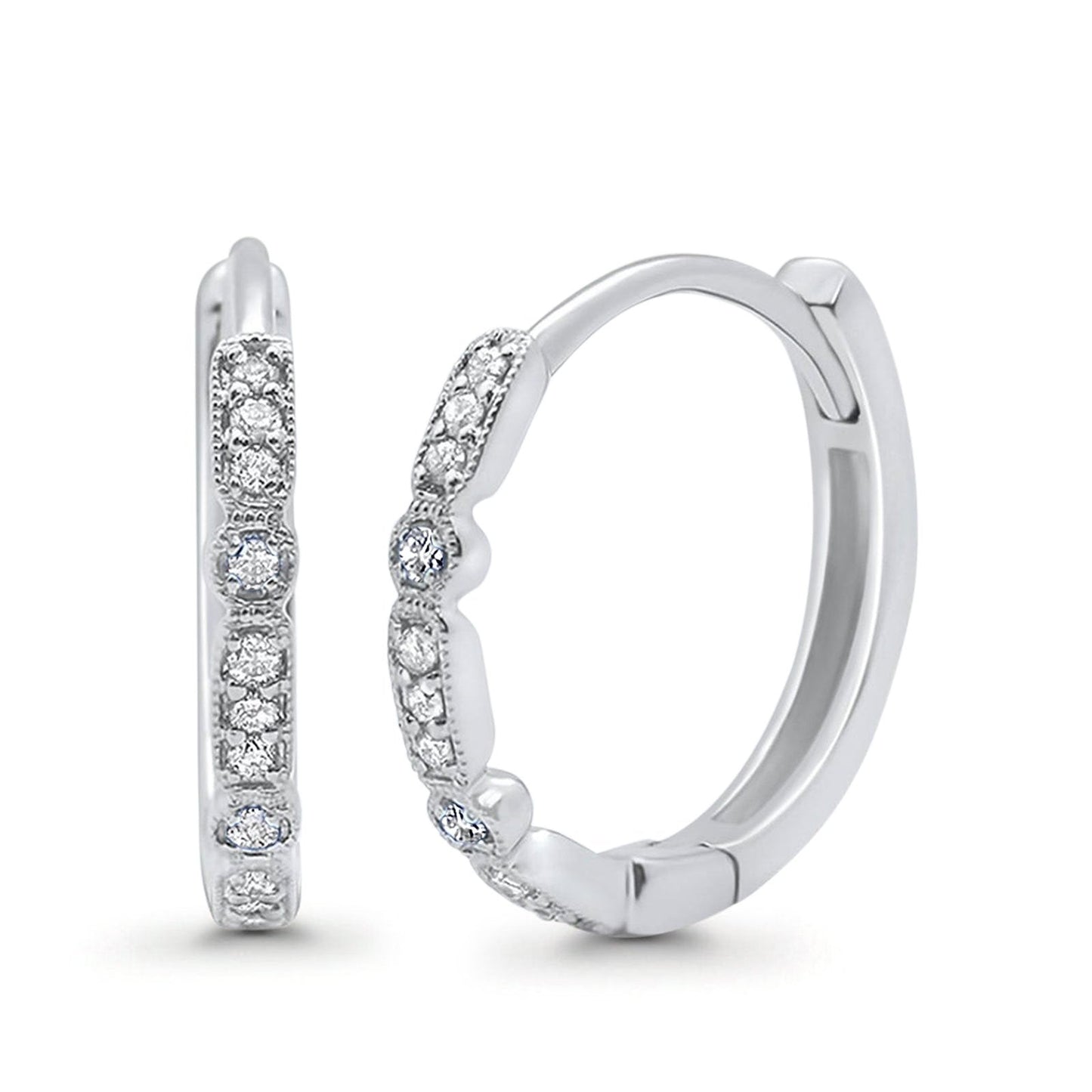 14K White Gold .11ct Hoop Huggie Diamond Earrings