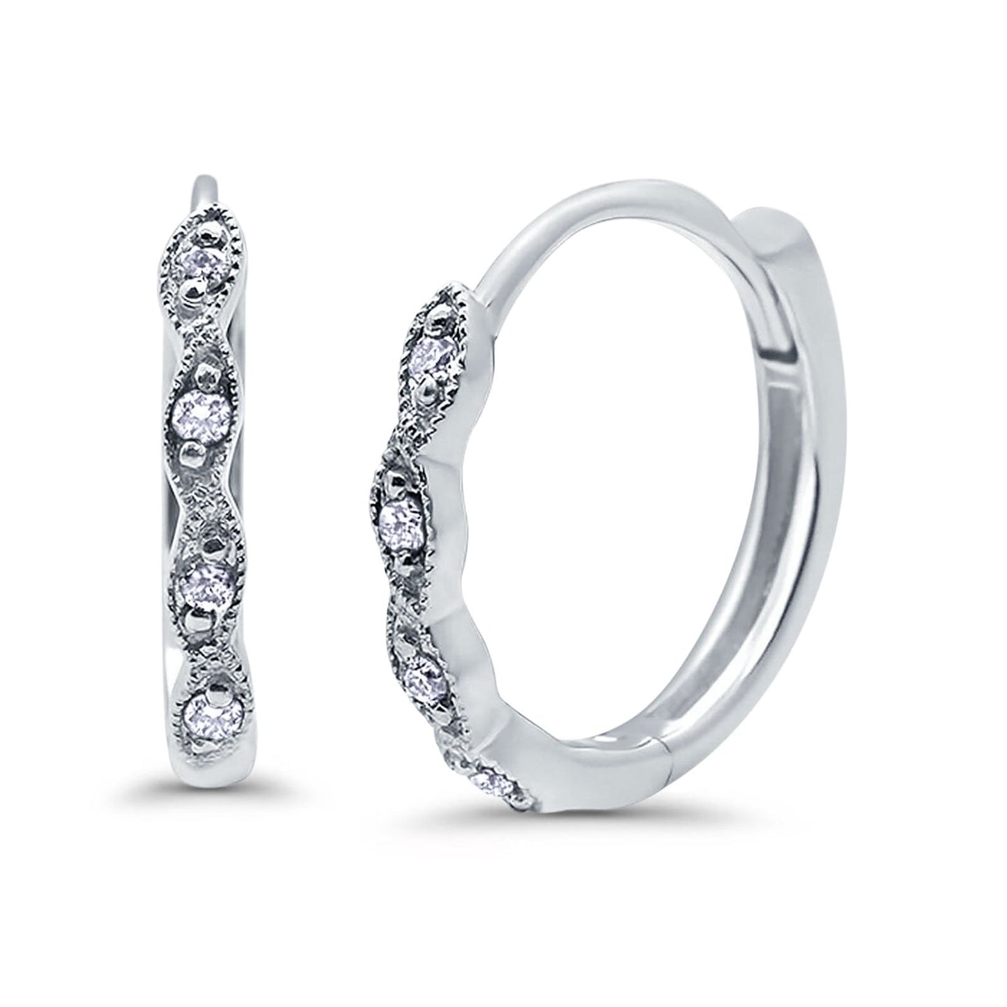 .09ct 14K White Gold Diamond Hoop Huggie Earrings