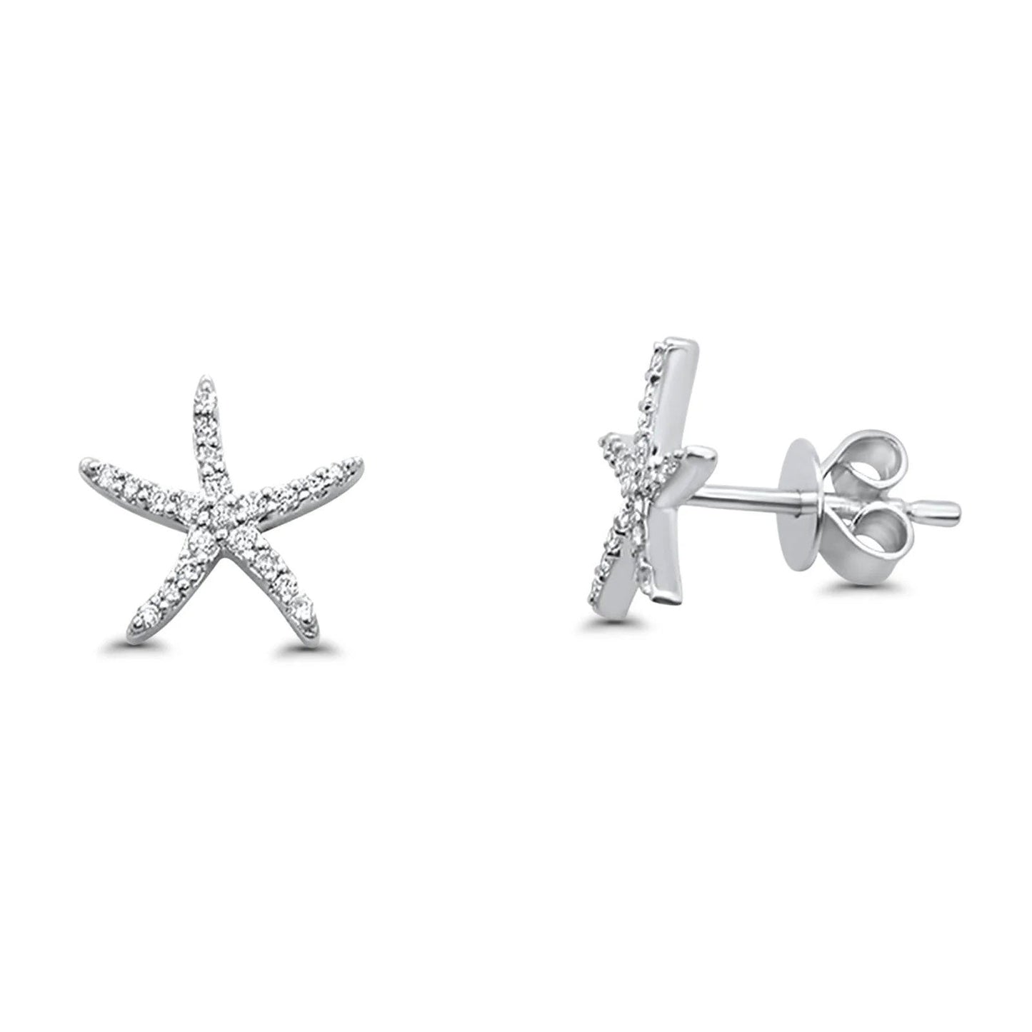 Solid 14K White Gold 10mm Star Diamond Stud Earrings Wholesale