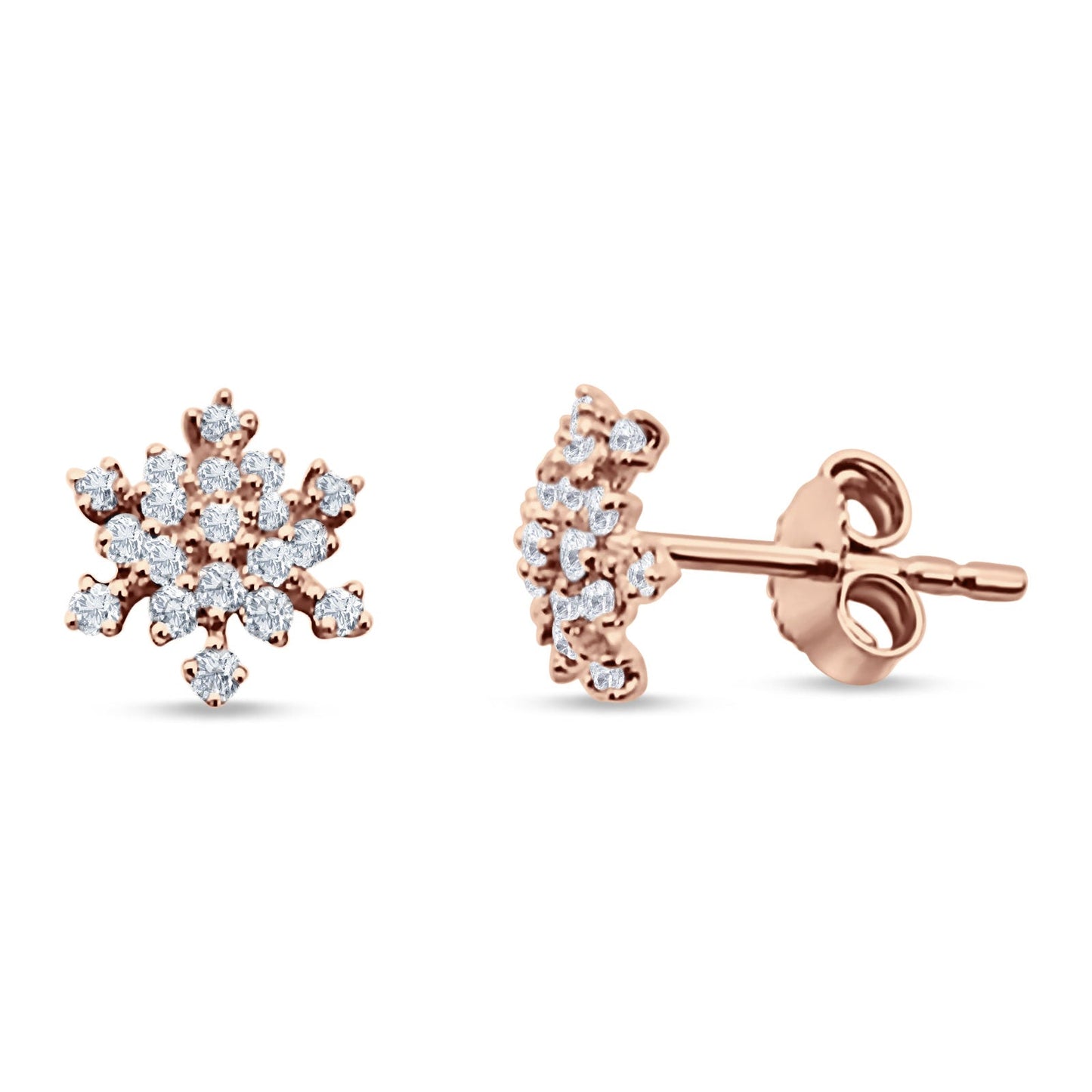 Solid 14K Rose Gold 8mm Snowflake Diamond Stud Earrings Wholesale