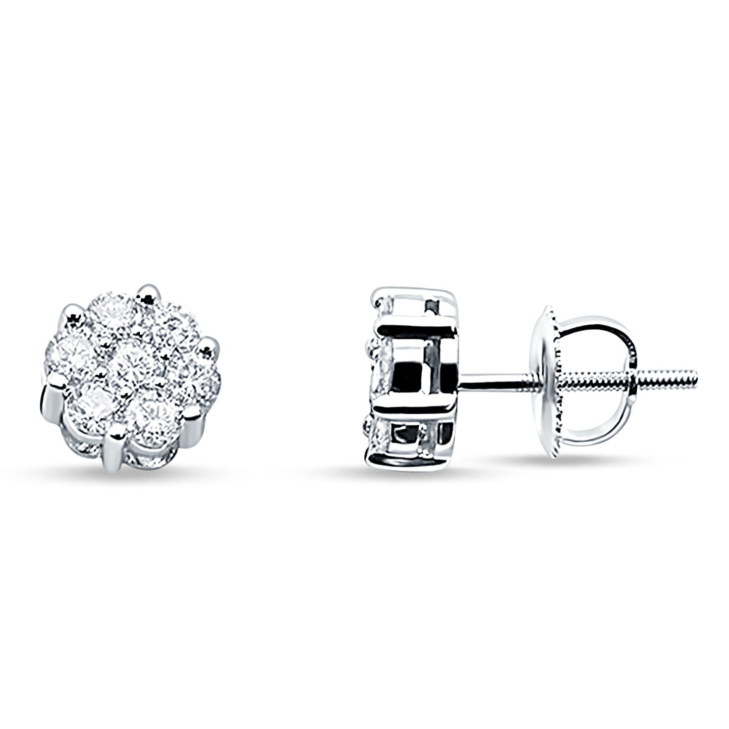 Solid 14K White Gold 5.75mm Round Flower Cluster Diamond Stud Earrings Screw Back Wholesale