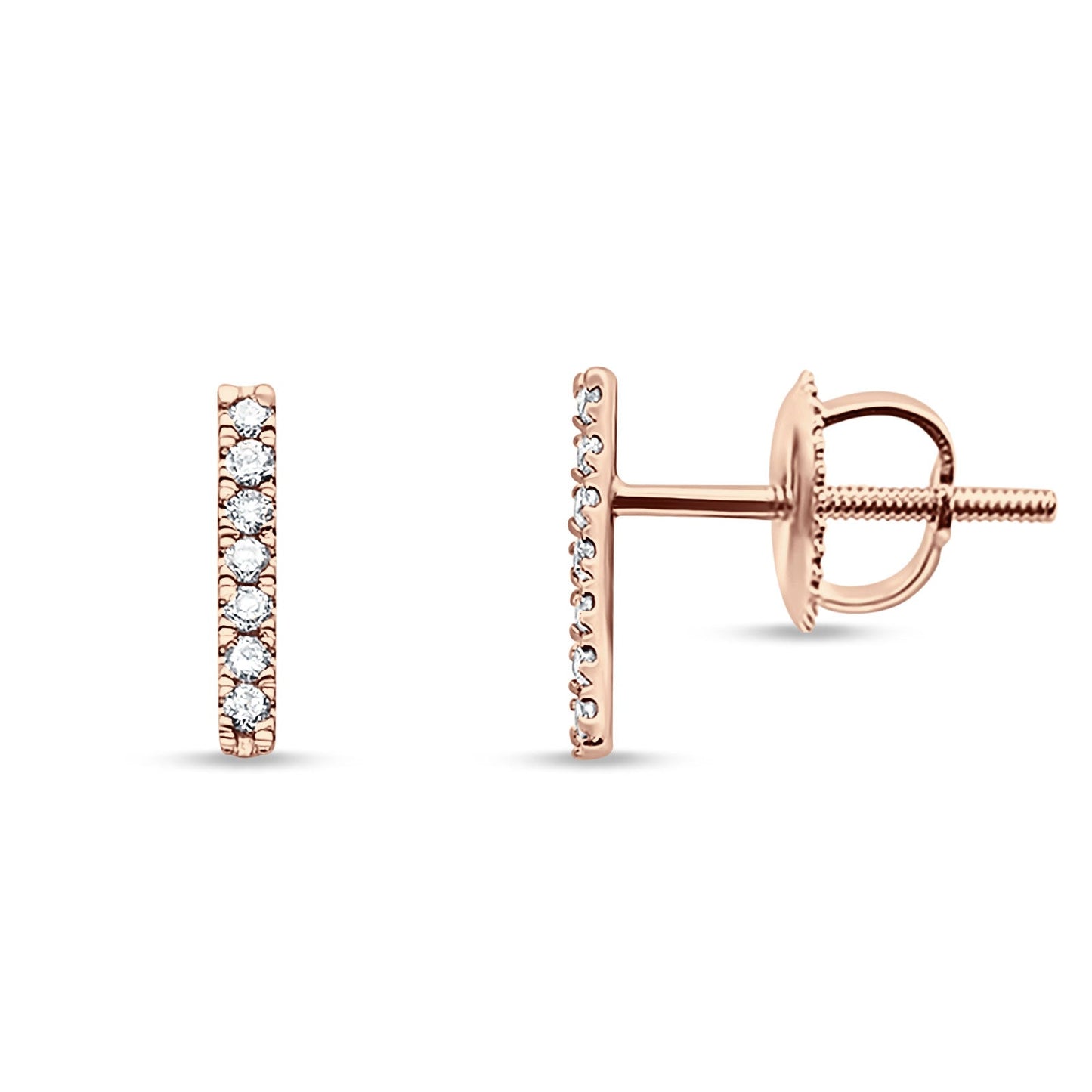 Solid 14K Rose Gold 10mm Bar Line Modern Diamond Stud Earrings Screw Back Wholesale