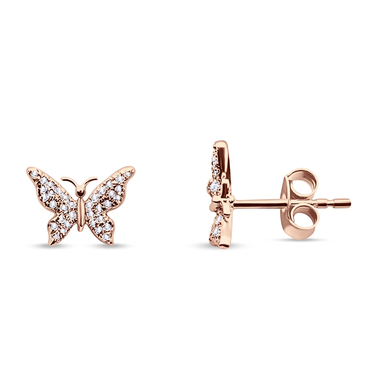 Solid 14K Rose Gold 5mm Butterfly Round Diamond Stud Earrings Push Back Wholesale