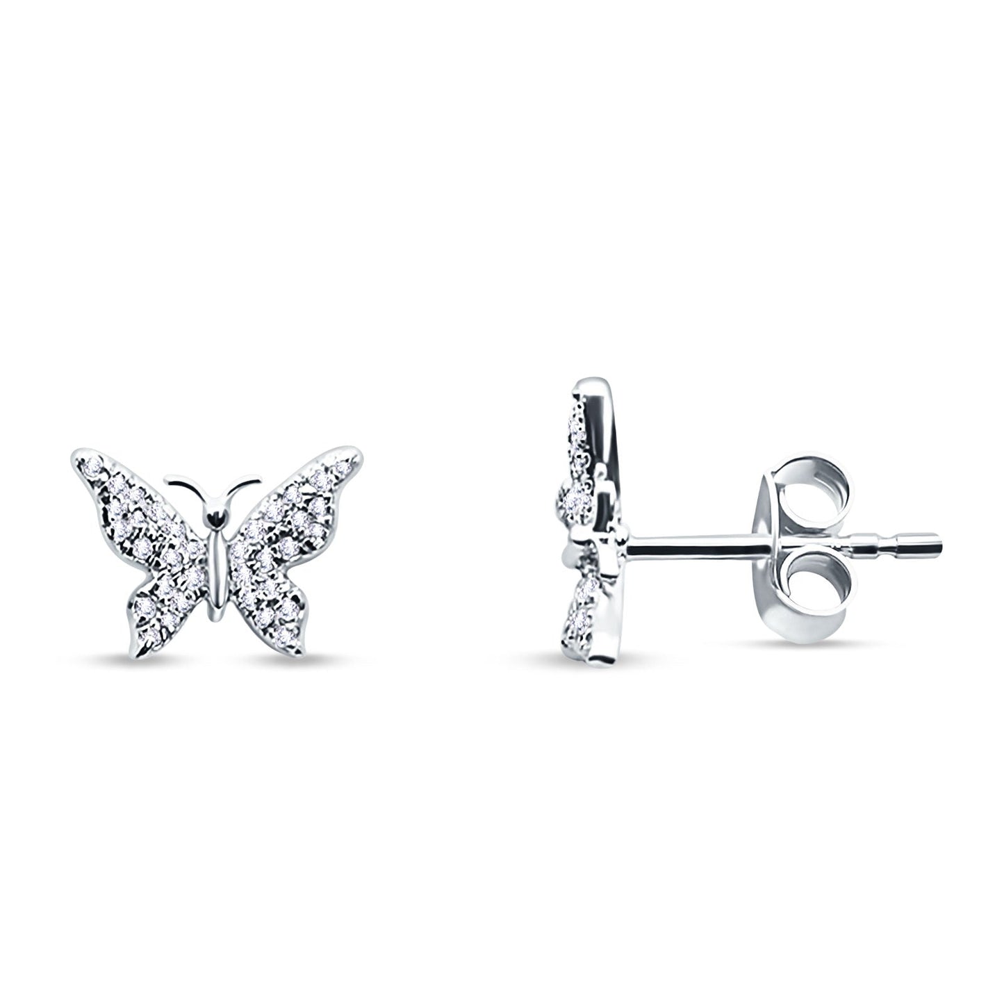 Solid 14K White Gold 5mm Butterfly Round Diamond Stud Earrings Push Back Wholesale