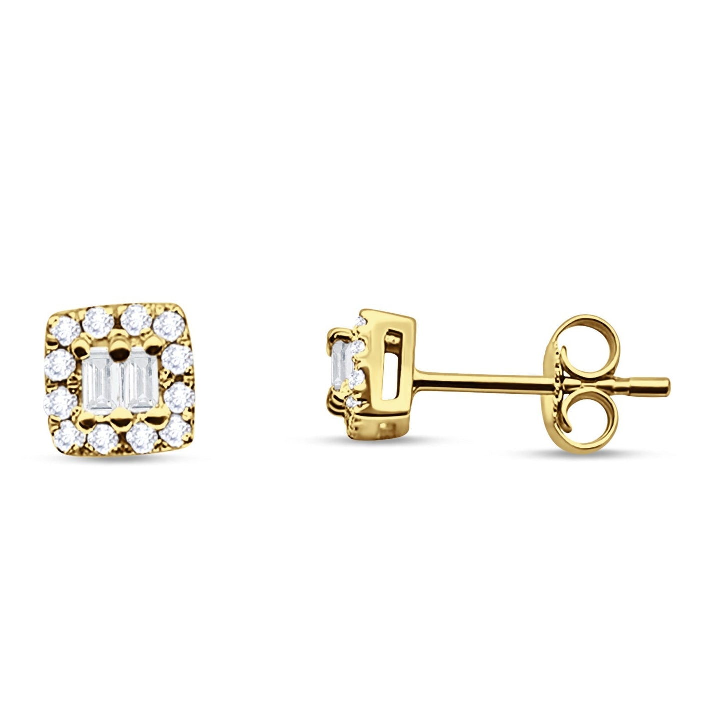 Solid 14K Yellow Gold 5mm Modern Square Round Baguette Diamond Stud Earrings Push Back Wholesale