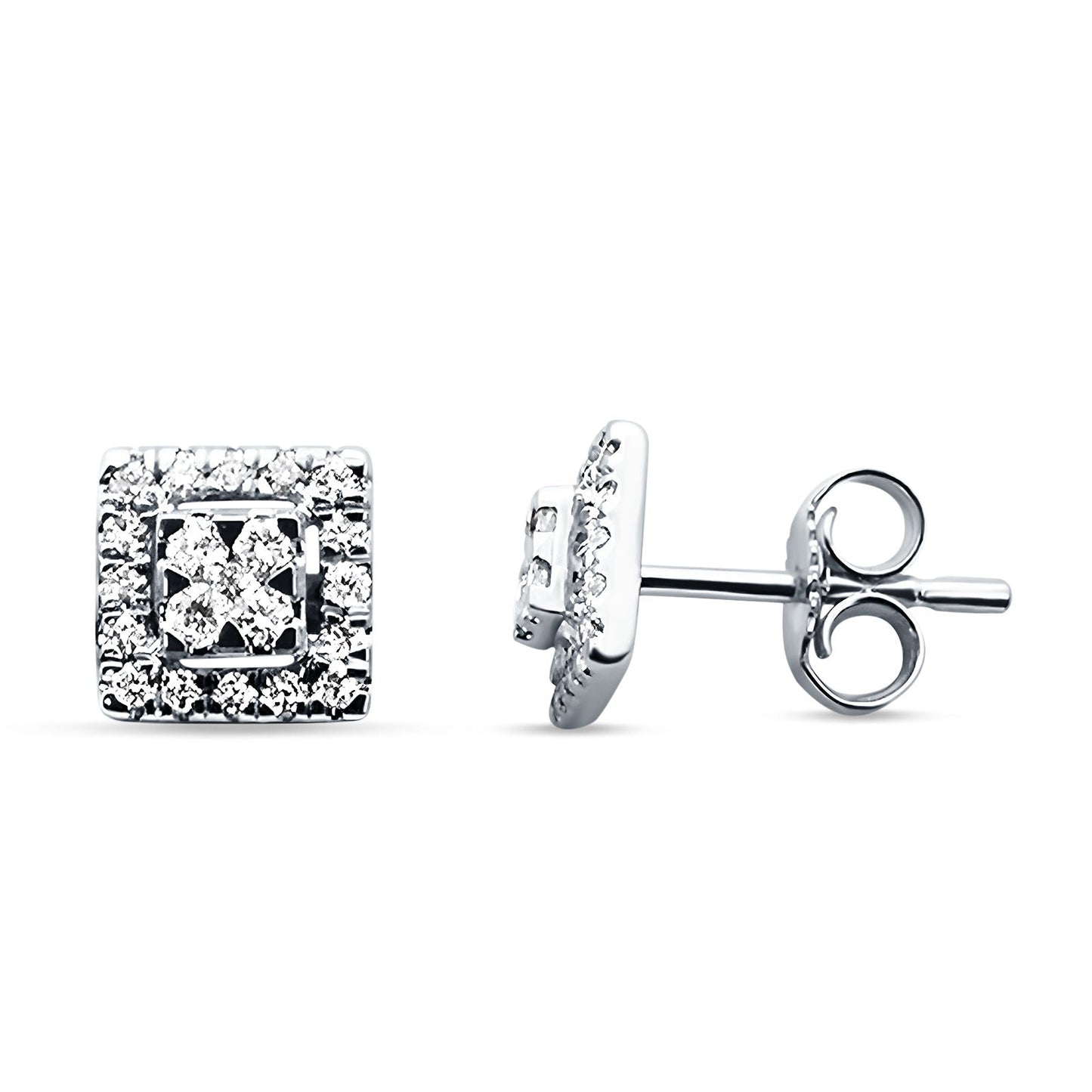 Diamond Stud Earrings Square Shaped Cluster 14K White Gold 0.27ct Wholesale