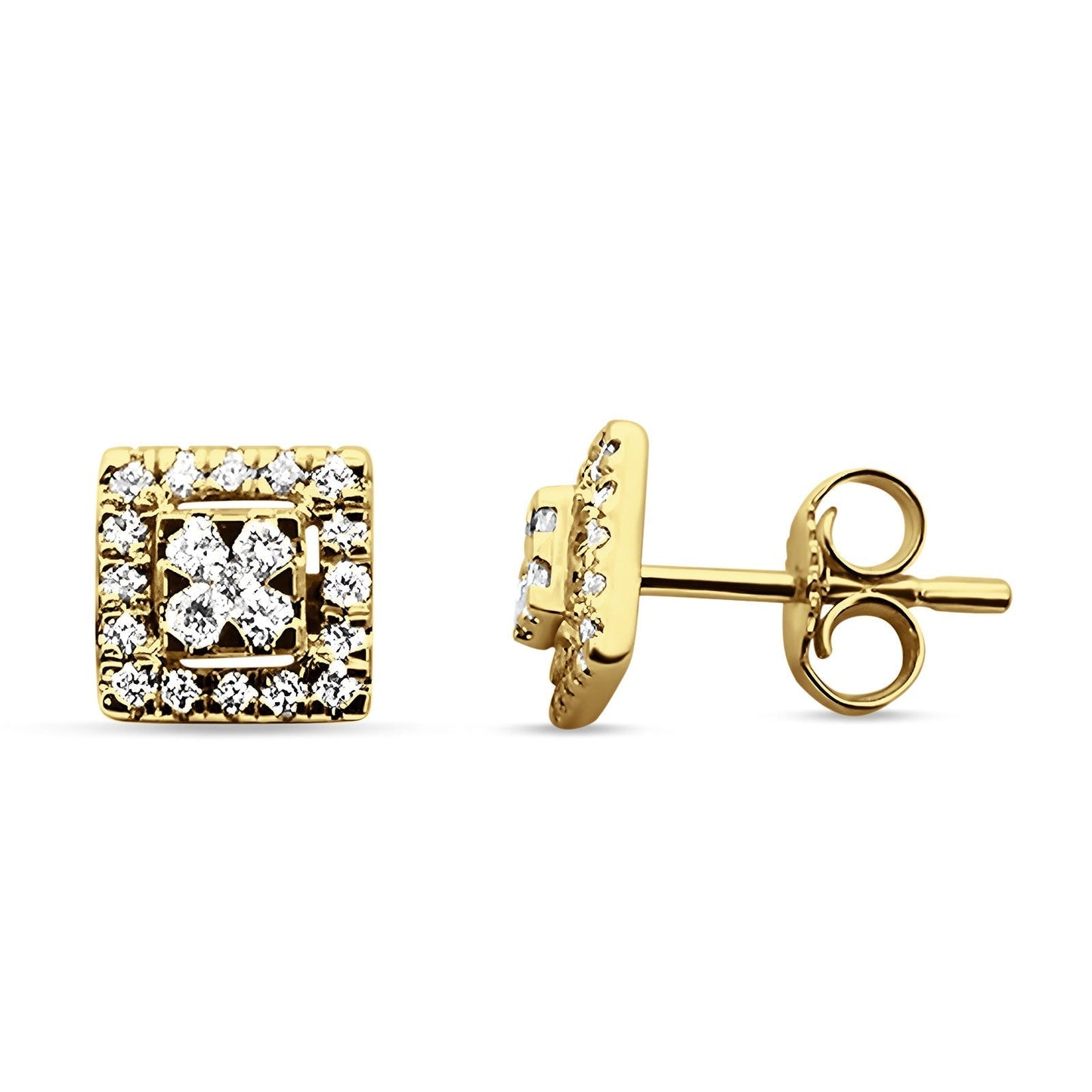 Diamond Stud Earrings Square Shaped Cluster 14K Yellow Gold 0.27ct Wholesale