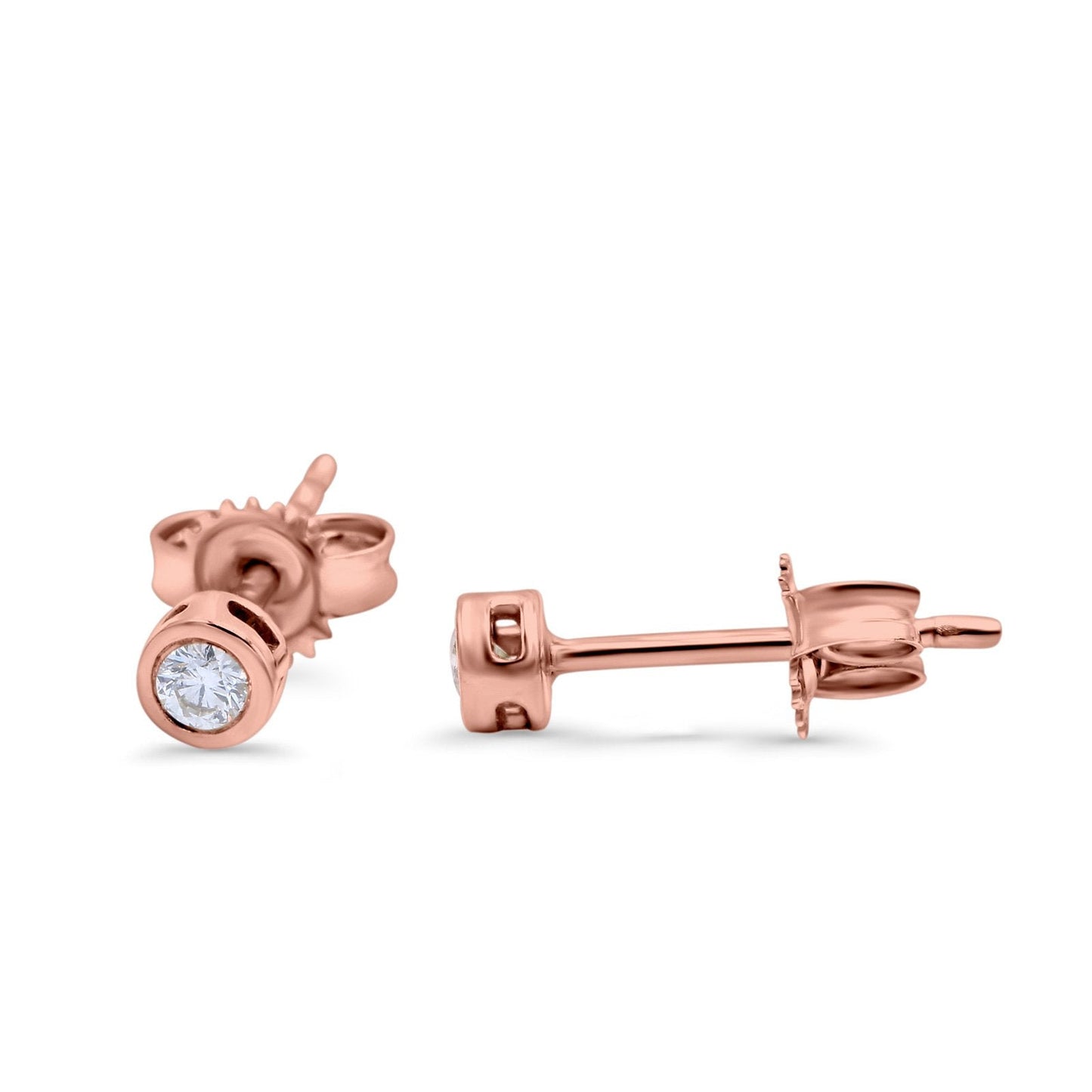 14K Rose Gold 0.09ct Round Diamond Bezel Solitaire Stud Earrings