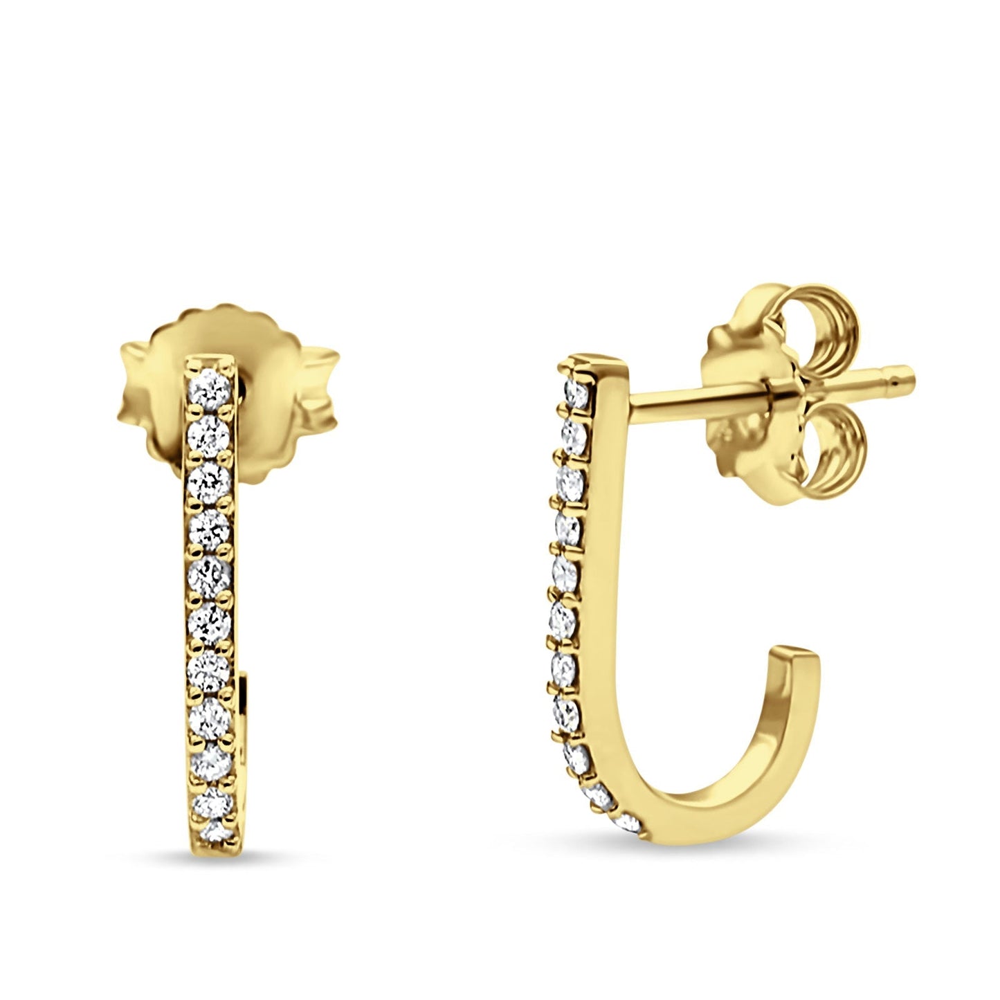 Solid 14K Yellow Gold 12.7mm J Shaped Classic Hoop Push Back Stud Earring Round Diamond Wholesale