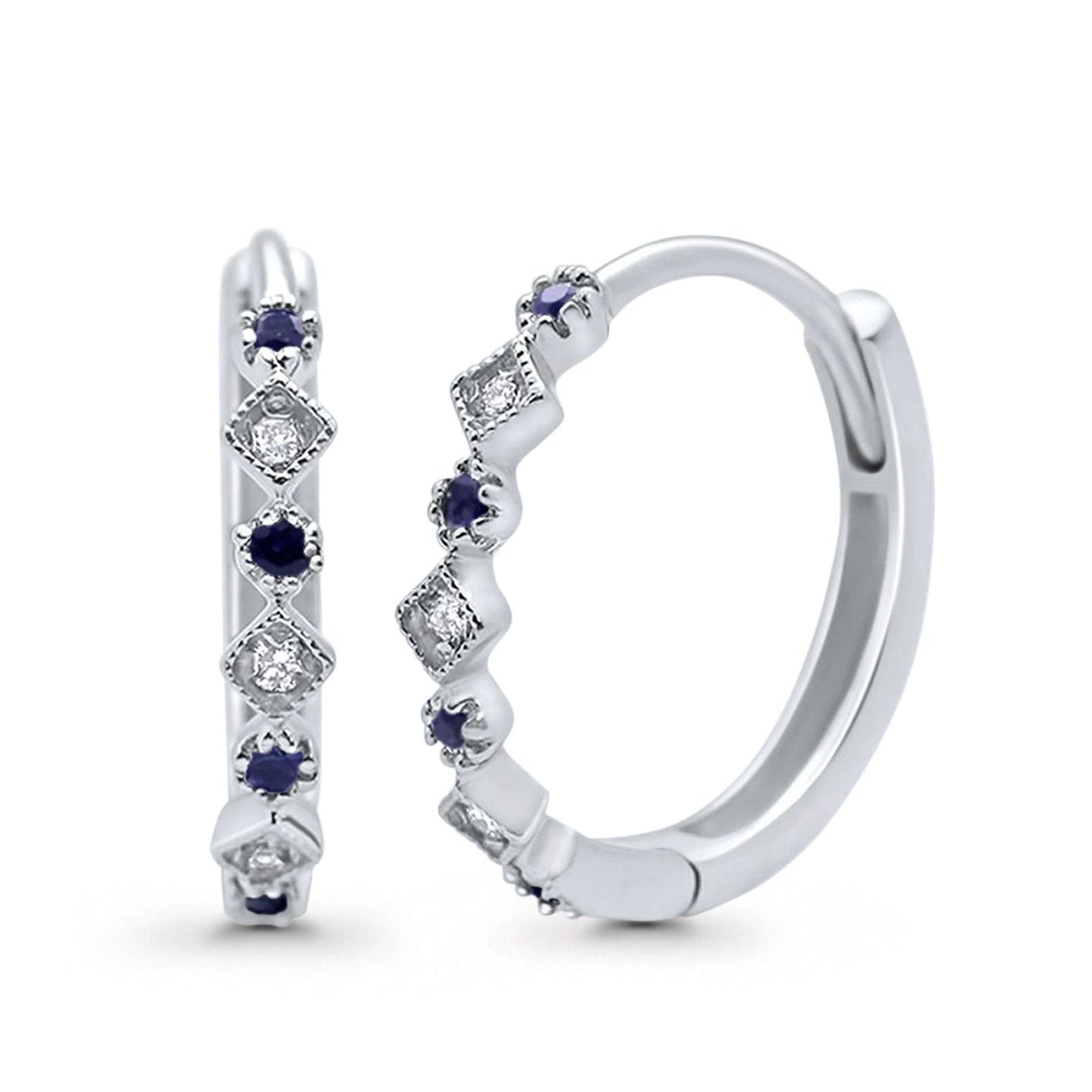 14K White Gold .16ct G SI Diamond & Blue Sapphire Hoop Huggie Earrings