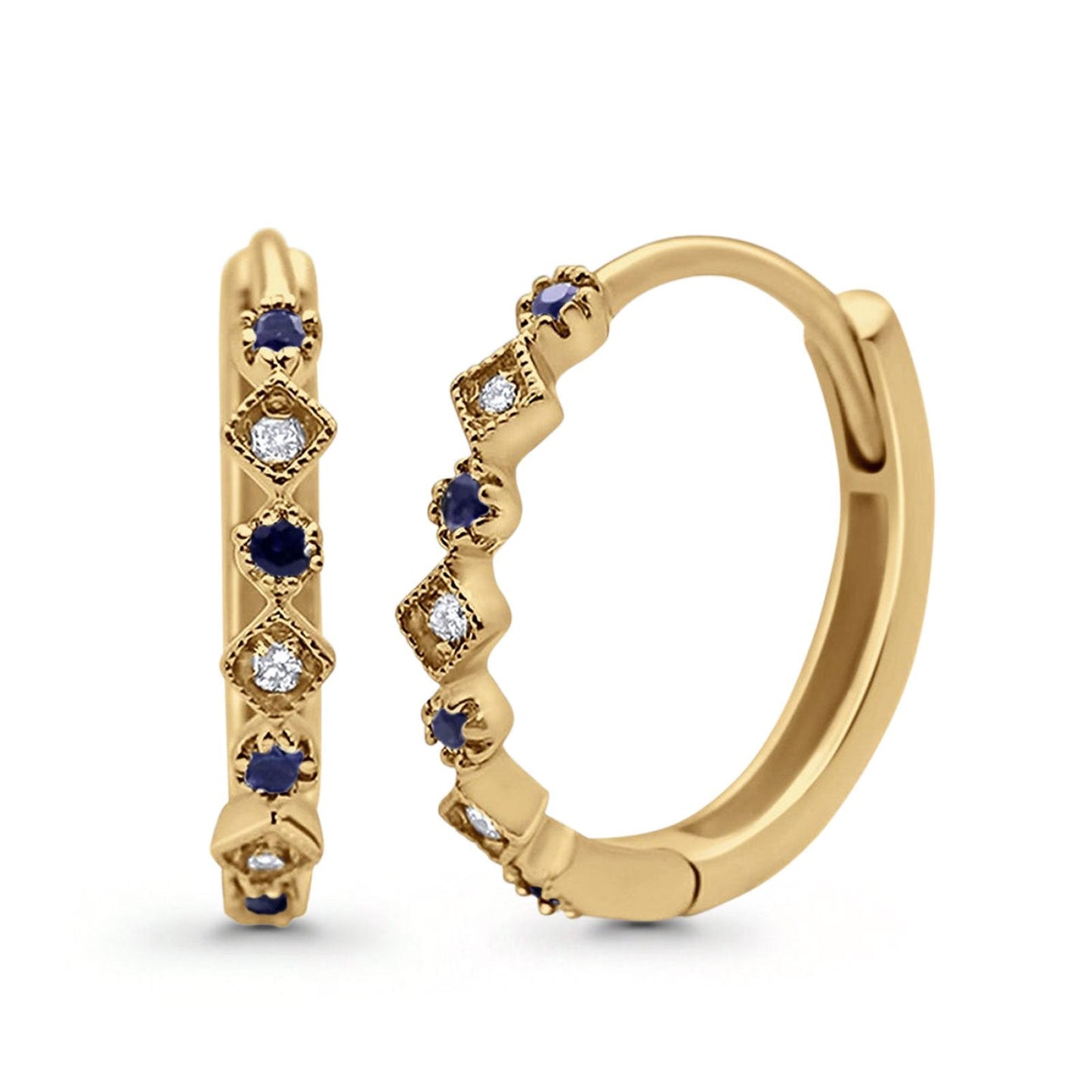 14K Yellow Gold .16ct G SI Diamond & Blue Sapphire Hoop Huggie Earrings