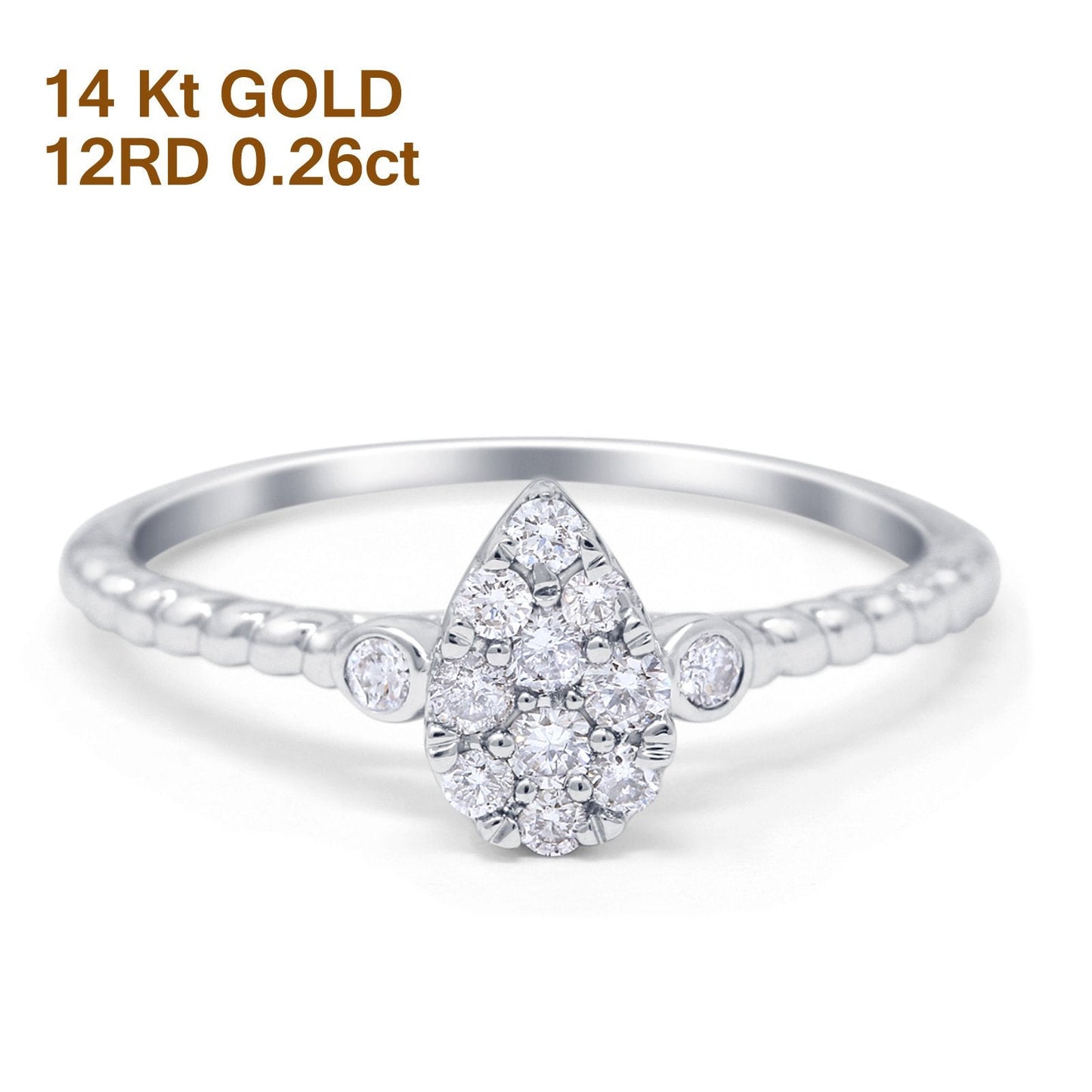 14K White Gold 0.26ct Pear 8.2mm G SI Diamond Engagement Wedding Solitaire Promise Ring Size 6.5