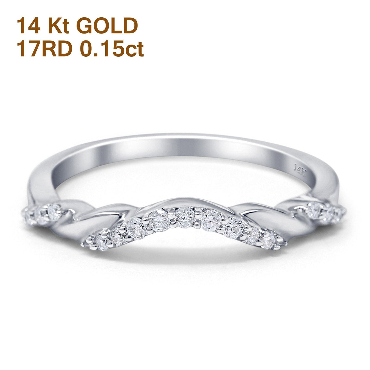 14K White Gold 0.15ct Round 2.2mm G SI Diamond Stackable Curved Accent Eternity Band Engagement Wedding Ring Size 6.5