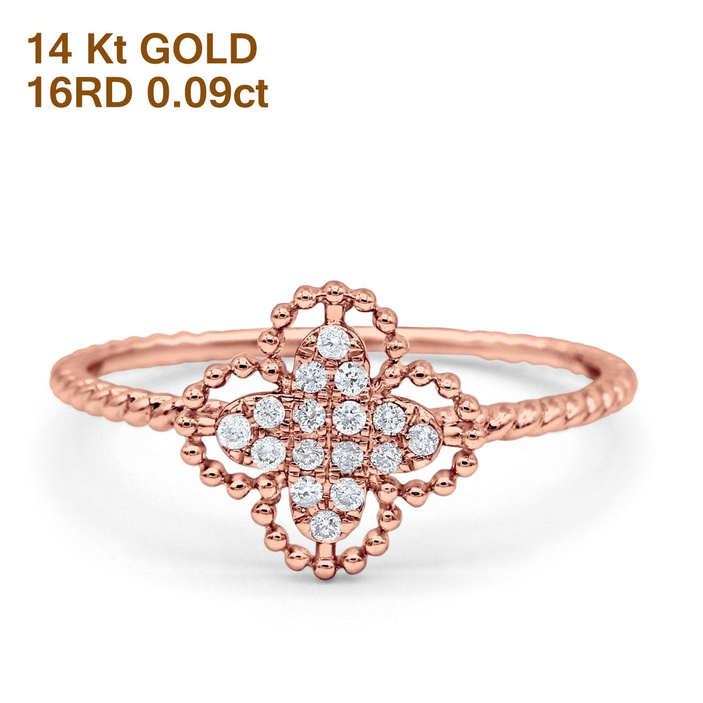 14K Rose Gold 0.09ct Round 9.5mm G SI Diamond Quatrefoil Flower Engagement Wedding Ring Size 6.5