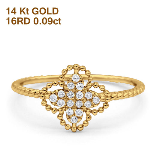 14K Yellow Gold 0.09ct Round 9.5mm G SI Diamond Quatrefoil Flower Engagement Wedding Ring Size 6.5