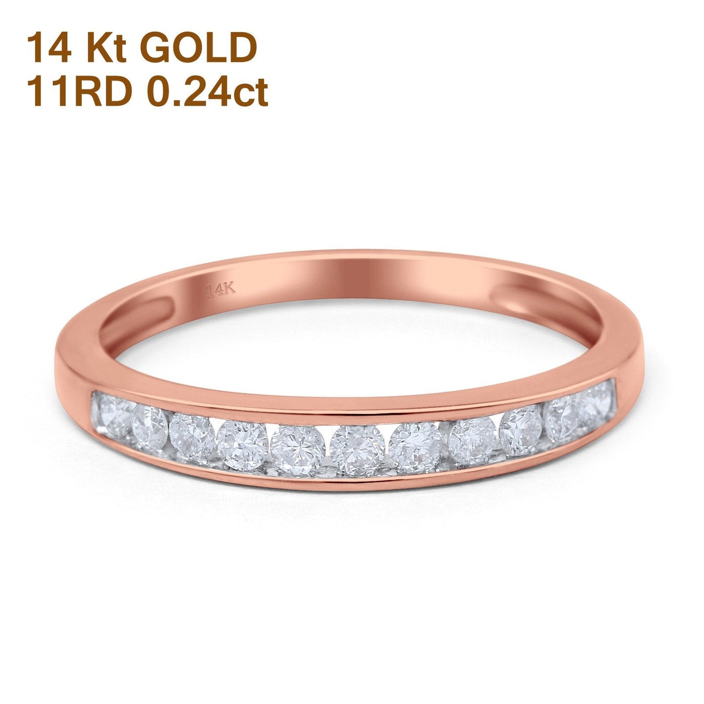 14K Rose Gold 0.24ct Round 3mm G SI Diamond Channel Set Half Eternity Engagement Wedding Ring Size 6.5