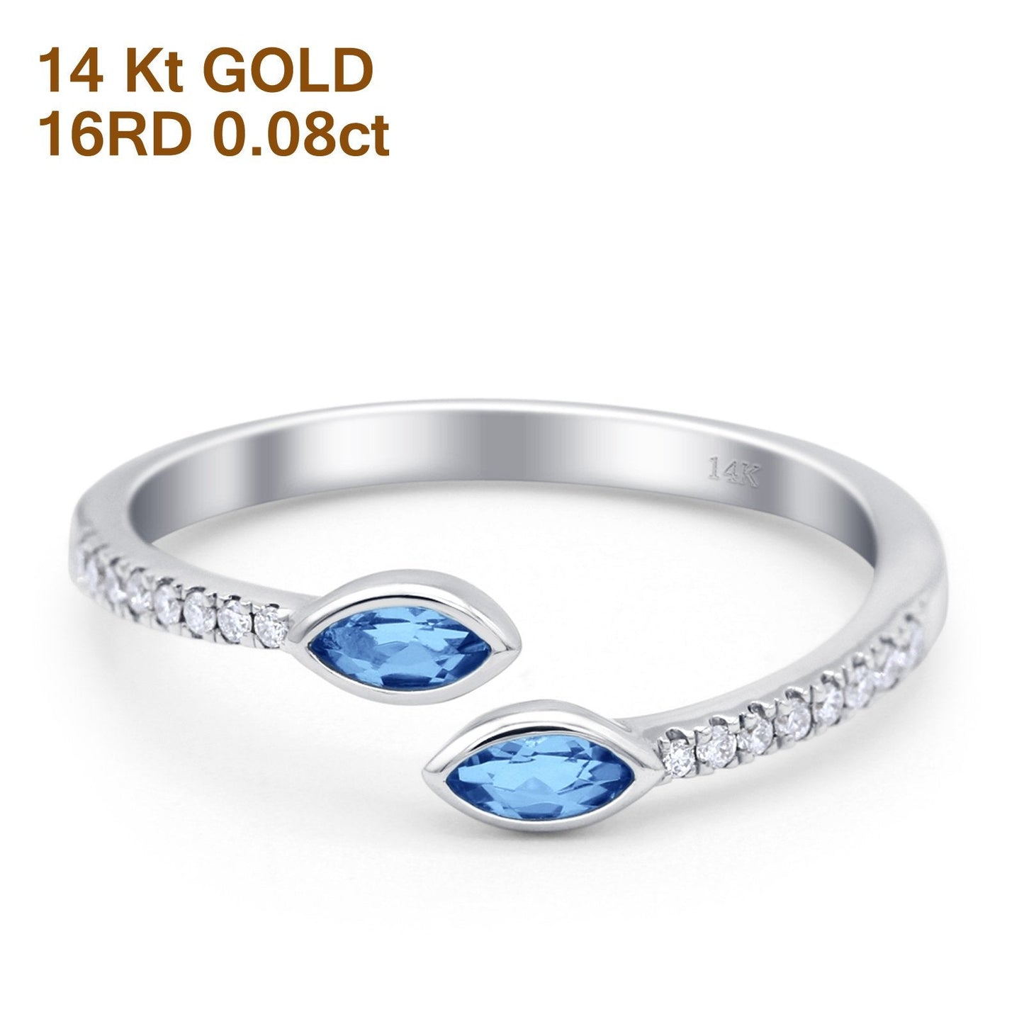 14K White Gold 0.21ct 2 Marquise Blue Topaz 6.5mm G SI Diamond Engagement Wedding Ring Size 6.5