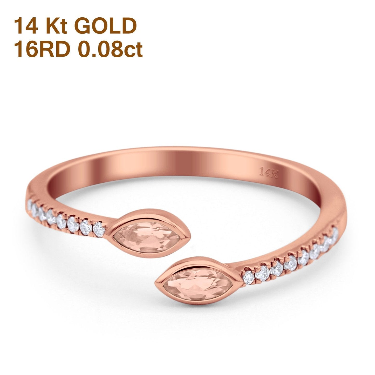 14K Rose Gold 0.21ct 2 Marquise Morganite 6.5mm G SI Diamond Engagement Wedding Ring Size 6.5