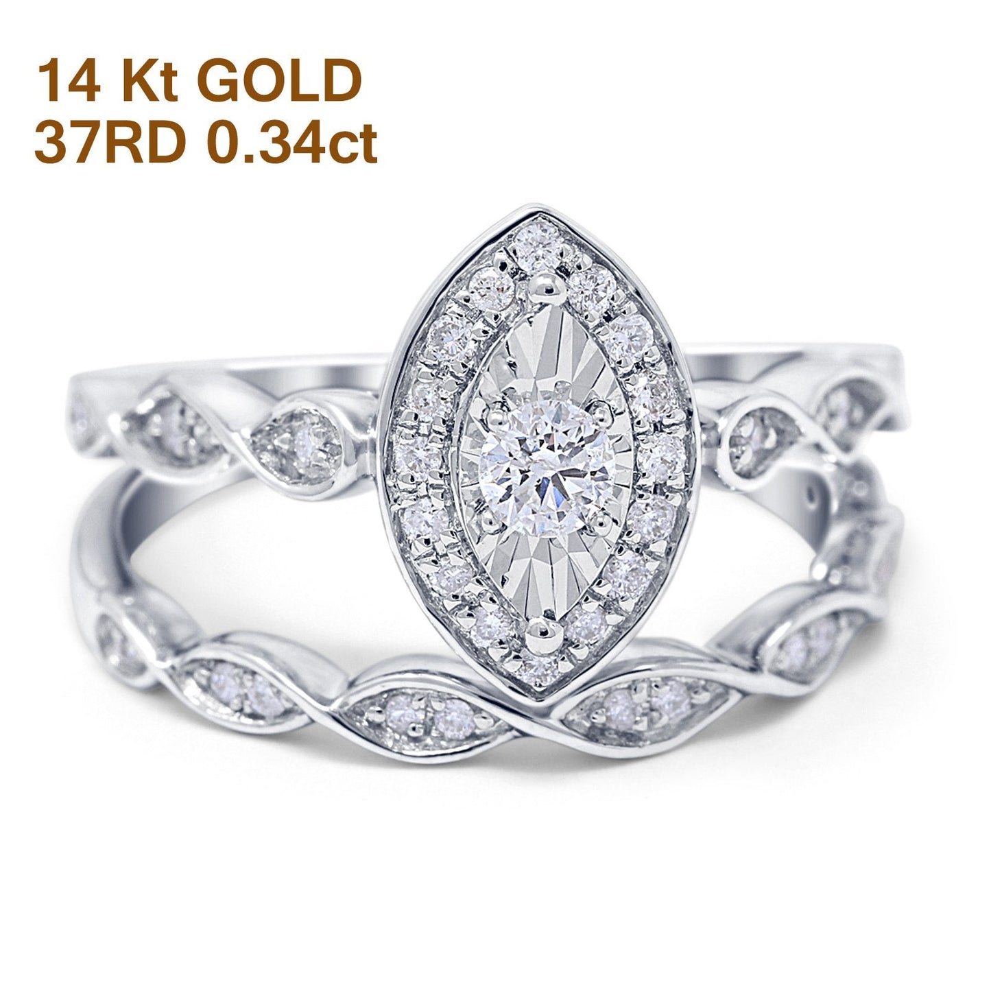 14K White Gold 0.34ct Marquise Shaped 12mm G SI Diamond Engagement Wedding Bridal Set Ring Size 6.5