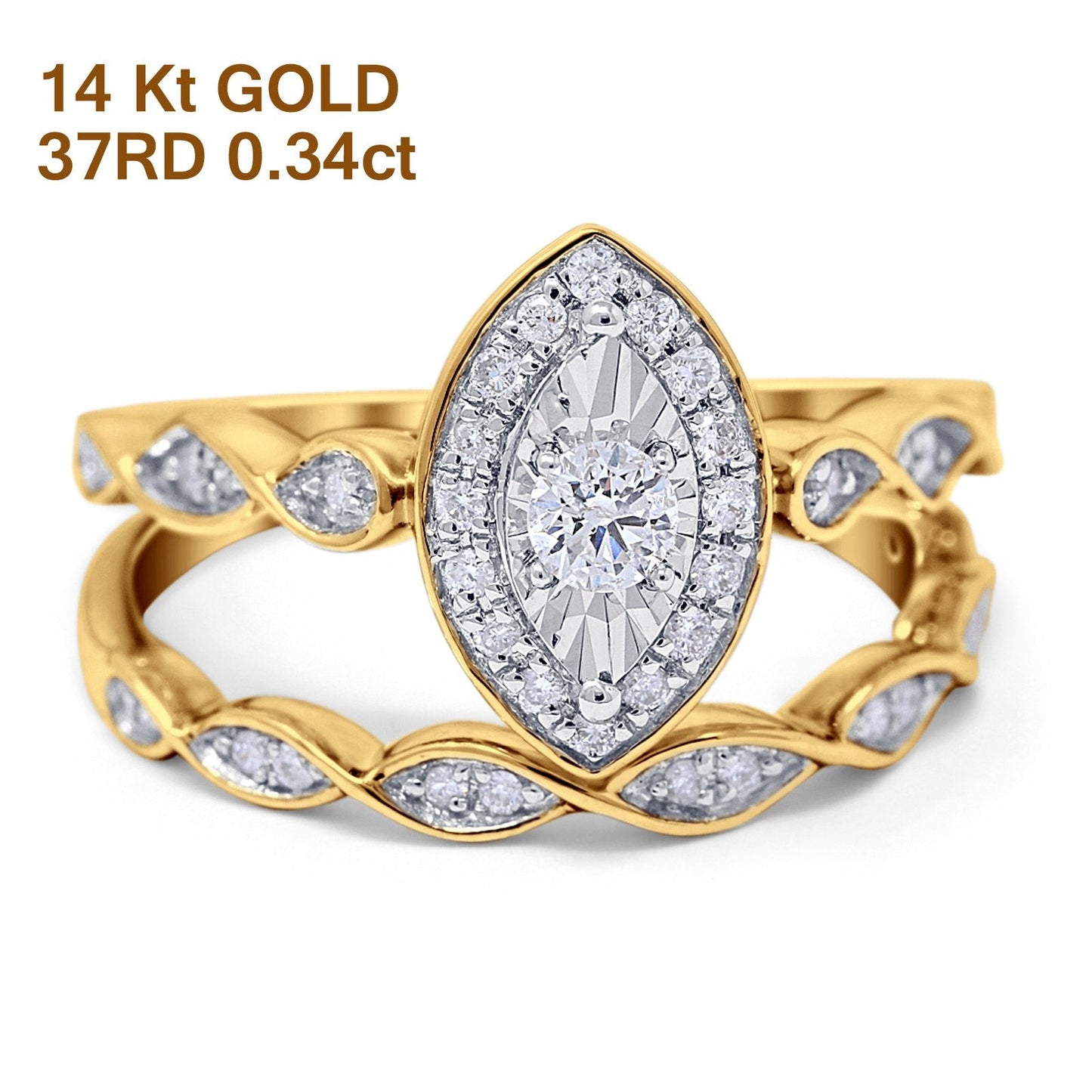 14K Yellow Gold 0.34ct Marquise Shaped 12mm G SI Diamond Engagement Wedding Bridal Set Ring Size 6.5