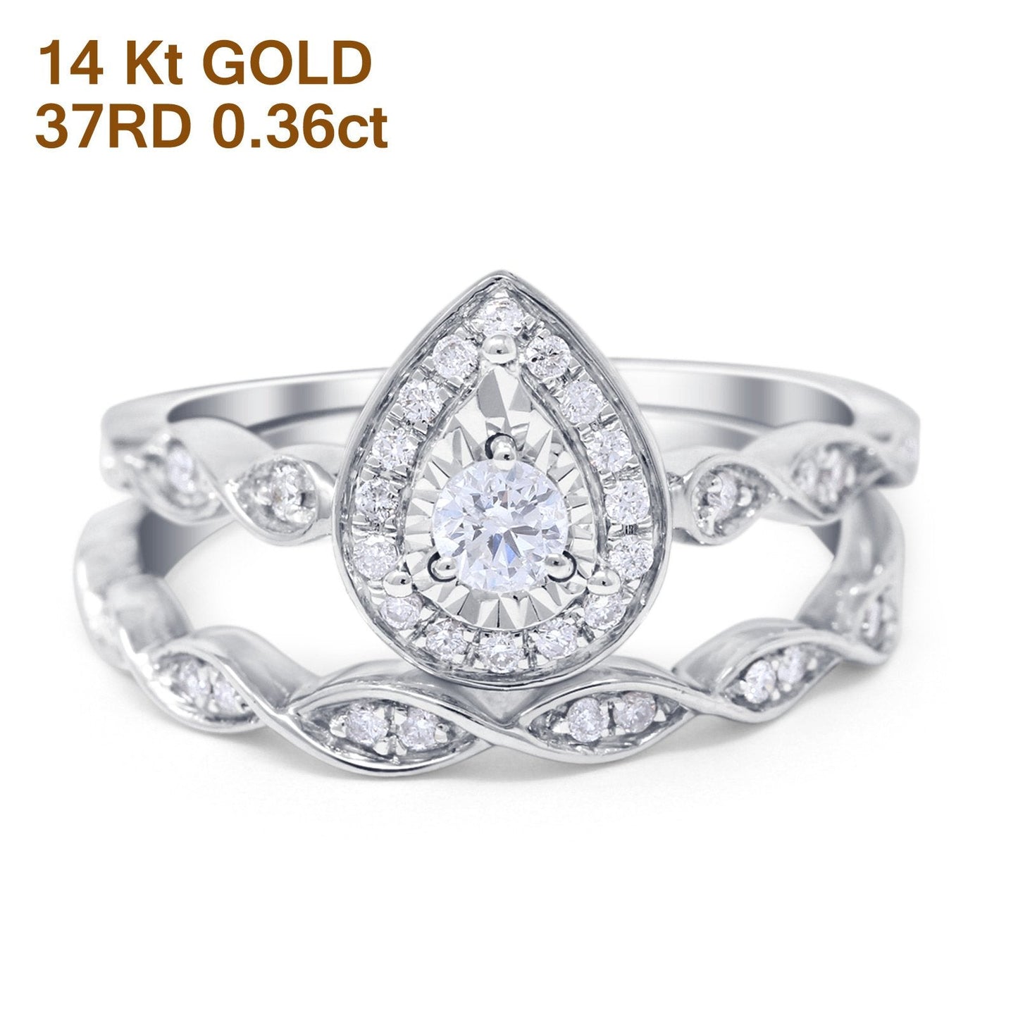 14K White Gold 0.36ct Pear Shaped 10mm G SI Diamond Engagement Wedding Bridal Set Ring Size 6.5