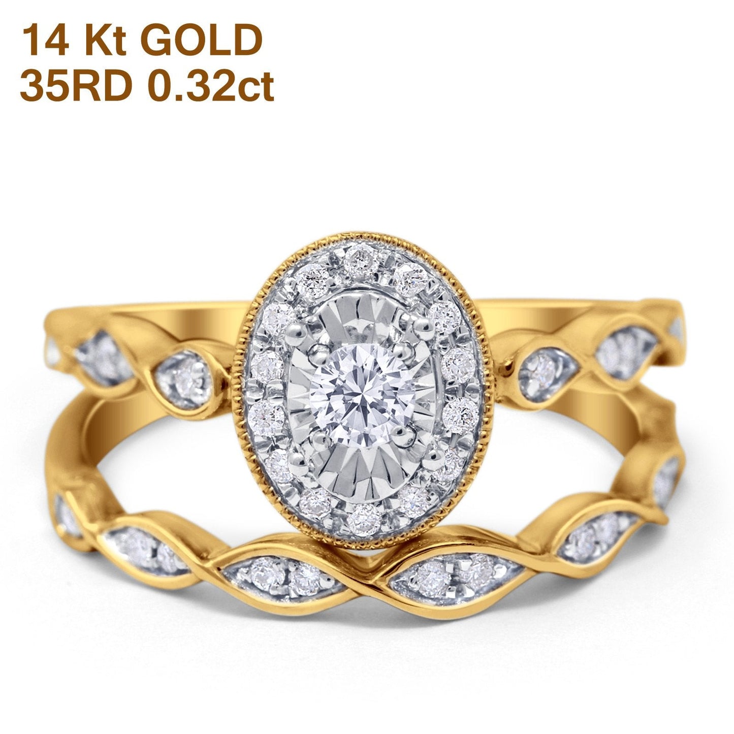 14K Yellow Gold 0.32ct Oval Shape 10mm G SI Diamond Engagement Bridal Set Wedding Ring Size 6.5