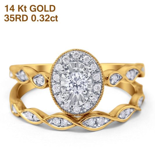 14K Yellow Gold 0.32ct Oval Shape 10mm G SI Diamond Engagement Bridal Set Wedding Ring Size 6.5