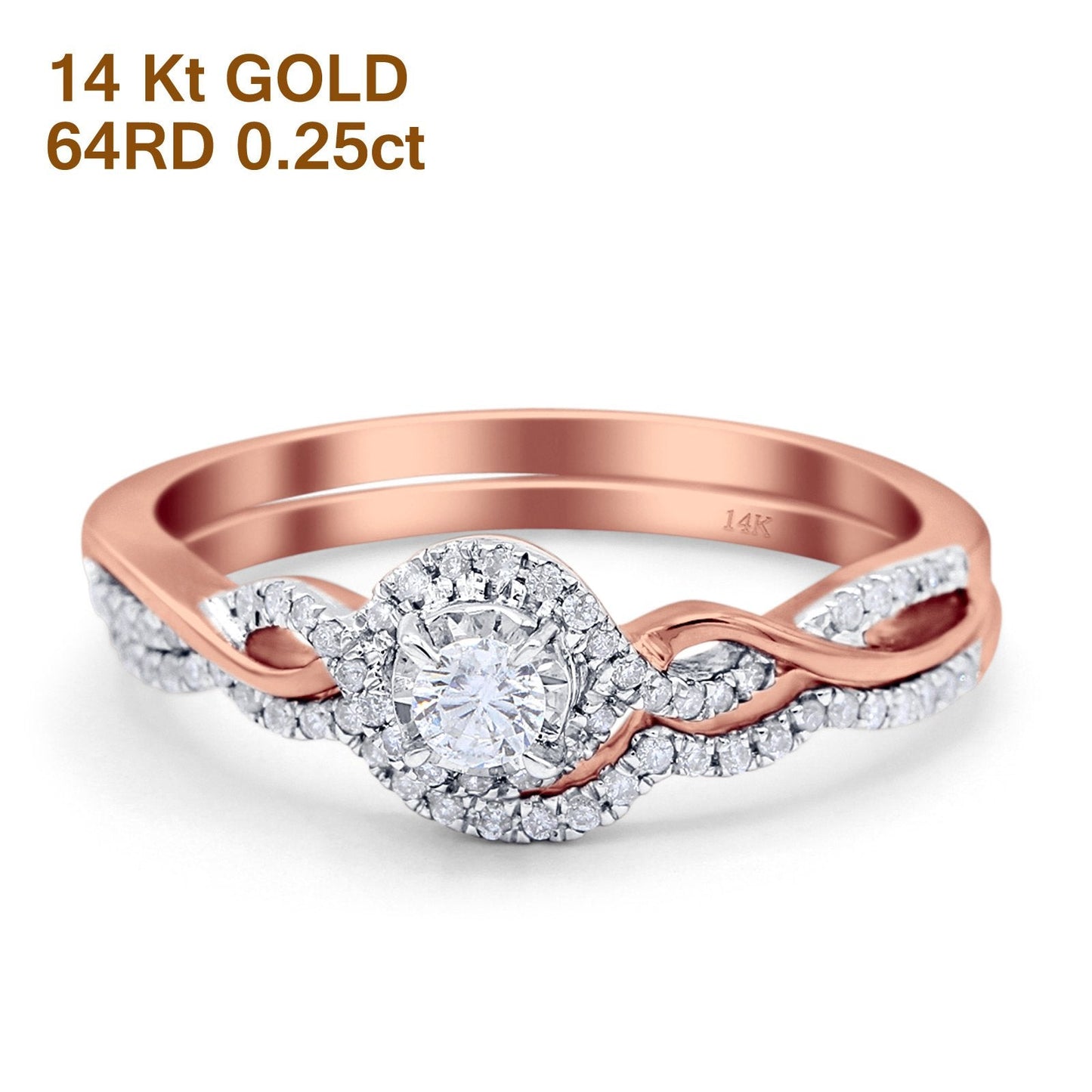 14K Rose Gold 0.25ct Round 6mm G SI Diamond Engagement Solitaire Bridal Set Wedding Ring Size 6.5