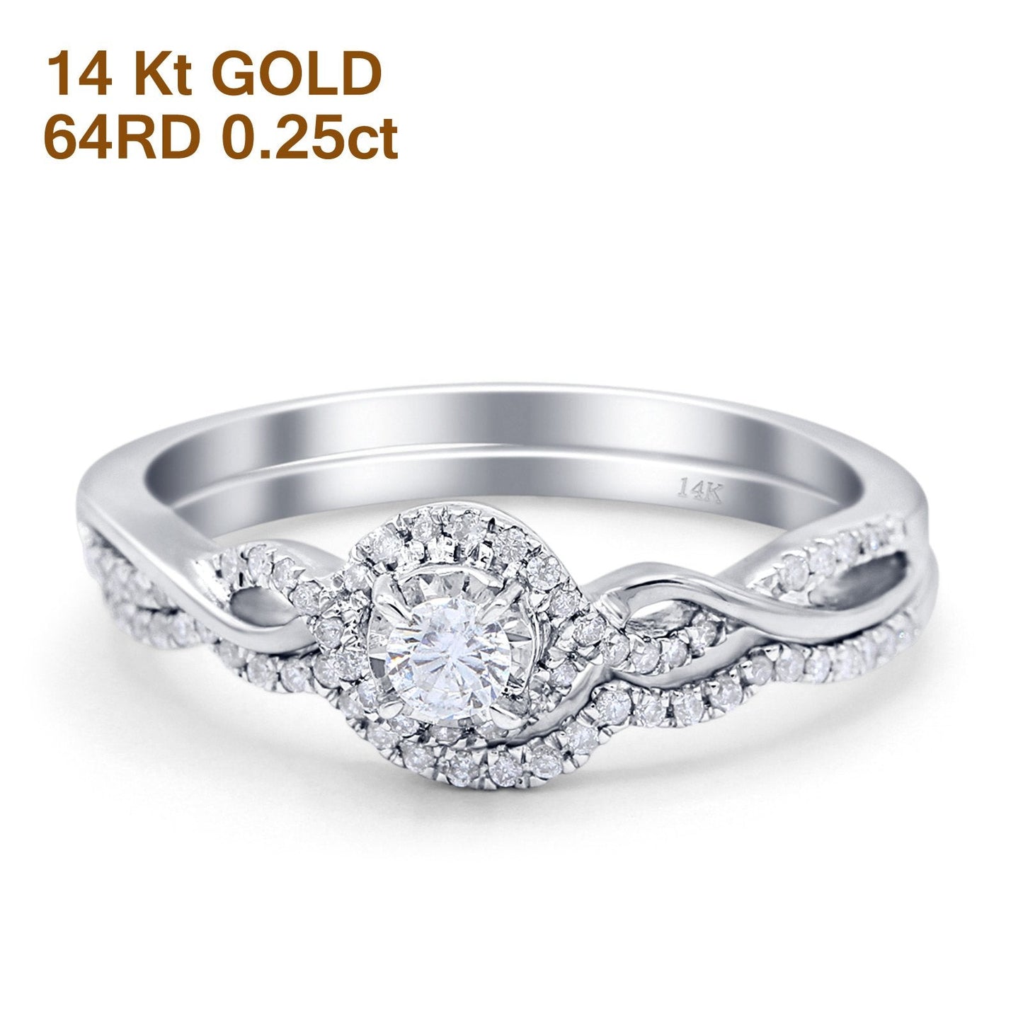 14K White Gold 0.25ct Round 6mm G SI Diamond Engagement Solitaire Bridal Set Wedding Ring Size 6.5