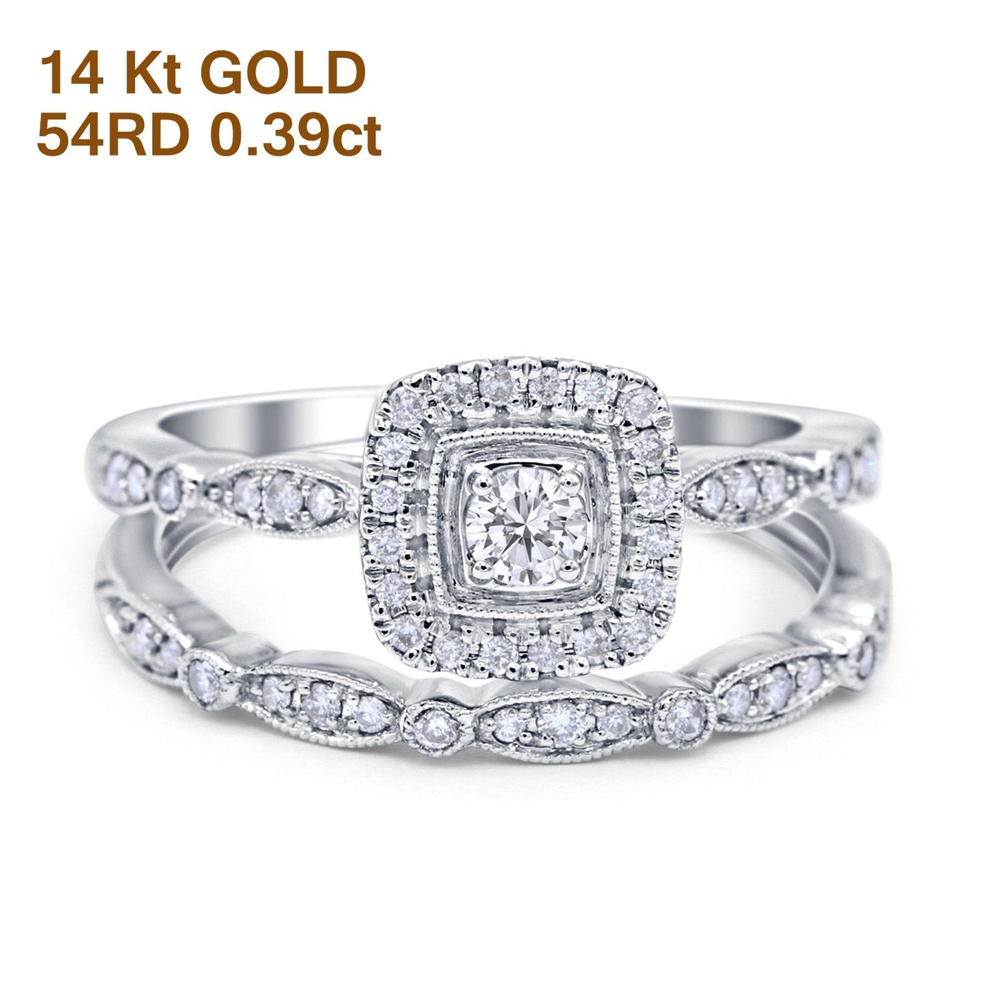 14K White Gold 0.39ct Square Shape 8.5mm G SI Diamond Engagement Bridal Set Wedding Ring Size 6.5