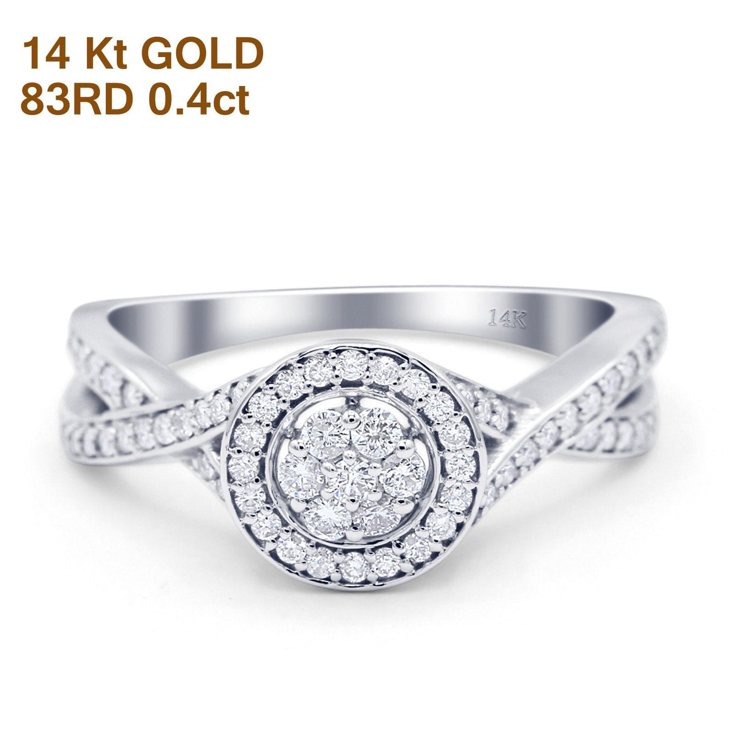 14K White Gold 0.4ct Round 8mm G SI Diamond Twisted Band Engagement Wedding Ring Size 6.5