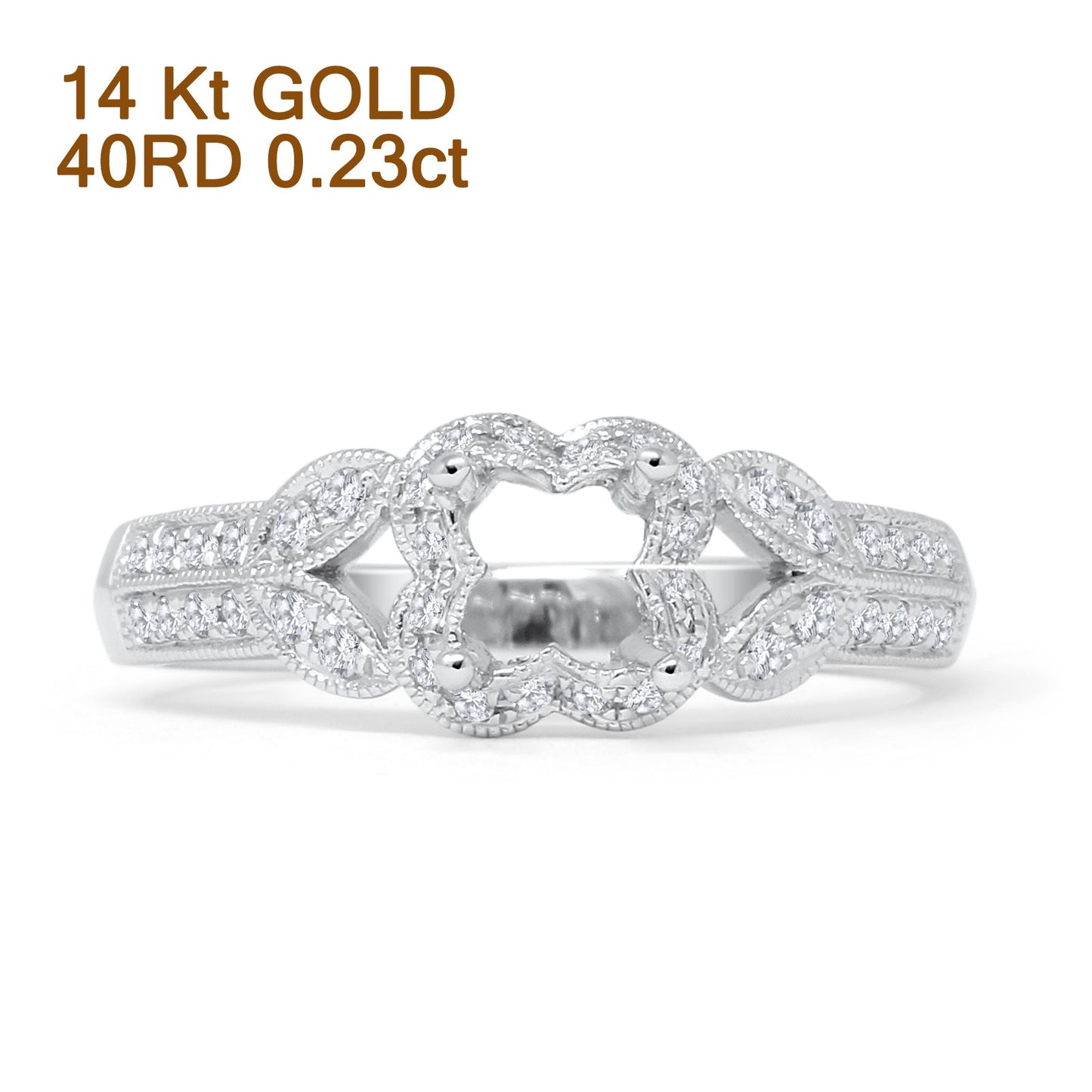 14K White Gold 0.23ct Floral Halo Leaf Semi Mount Diamond Ring Wholesale