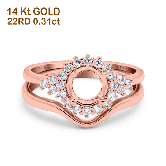 14K Rose Gold 0.31ct Round Two Piece Halo 7mm G SI Semi Mount Diamond Engagement Wedding Ring Size 6.5