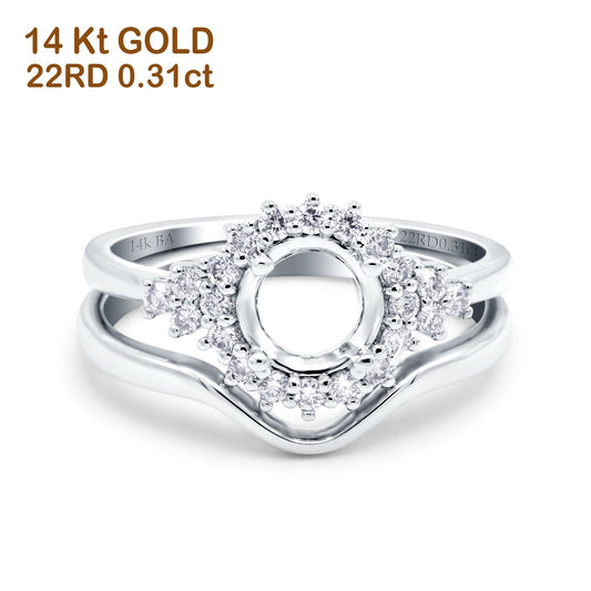 14K White Gold 0.31ct Round Two Piece Halo 7mm G SI Semi Mount Diamond Engagement Wedding Ring Size 6.5