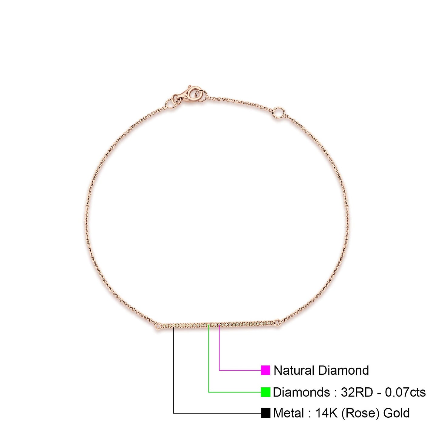 14K Rose Gold 7" Round Natural Diamond Horizontal Bar Bracelet Wholesale