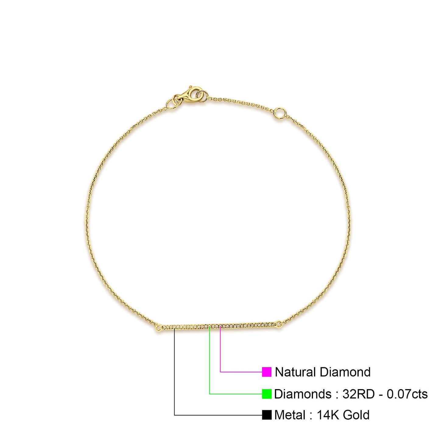 14K Yellow Gold 7" Round Natural Diamond Horizontal Bar Bracelet Wholesale