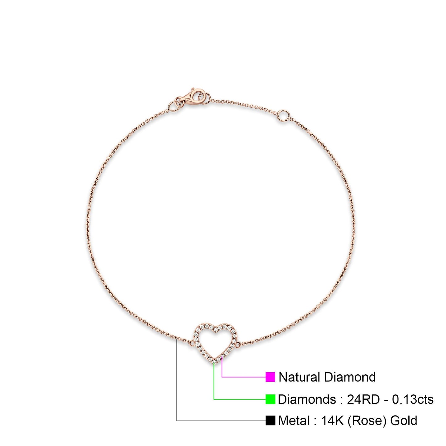 Diamond Heart Bracelet 14K Rose Gold 0.13ct Wholesale